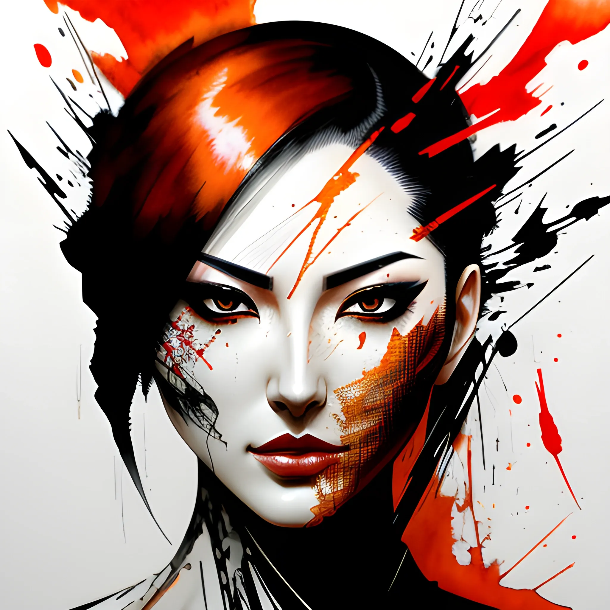 face portrait of MeiyuCipher 1girl orange spike aura in motion, damaged chinese clothes, floating pieces, trending on artstation, sharp focus, intricate details, highly detailed, detailed face (ink and watercolor painting, brushstrokes, by Russ Mills and Yoji Shinkawa) best quality, absurdres, (negative space) , <lora:GlowingRunesAIV3:0.5>