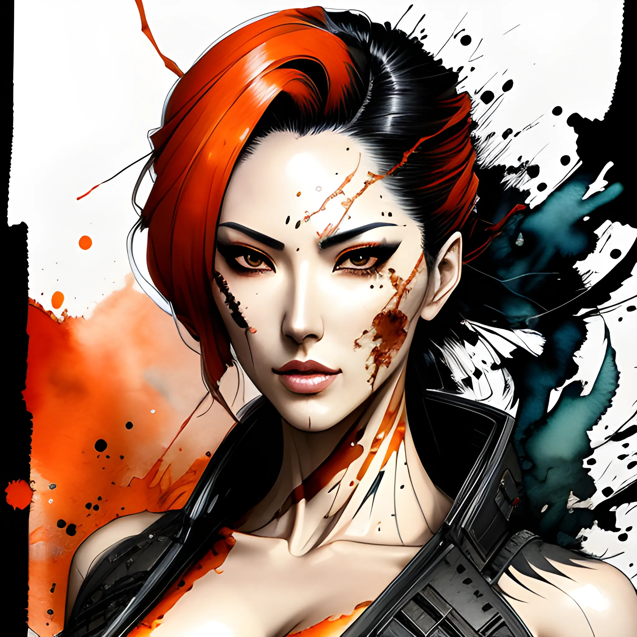 face portrait of MeiyuCipher 1girl orange spike aura in motion, damaged chinese clothes, floating pieces, trending on artstation, sharp focus, intricate details, highly detailed, detailed face (ink and watercolor painting, brushstrokes, by Russ Mills and Yoji Shinkawa) best quality, absurdres