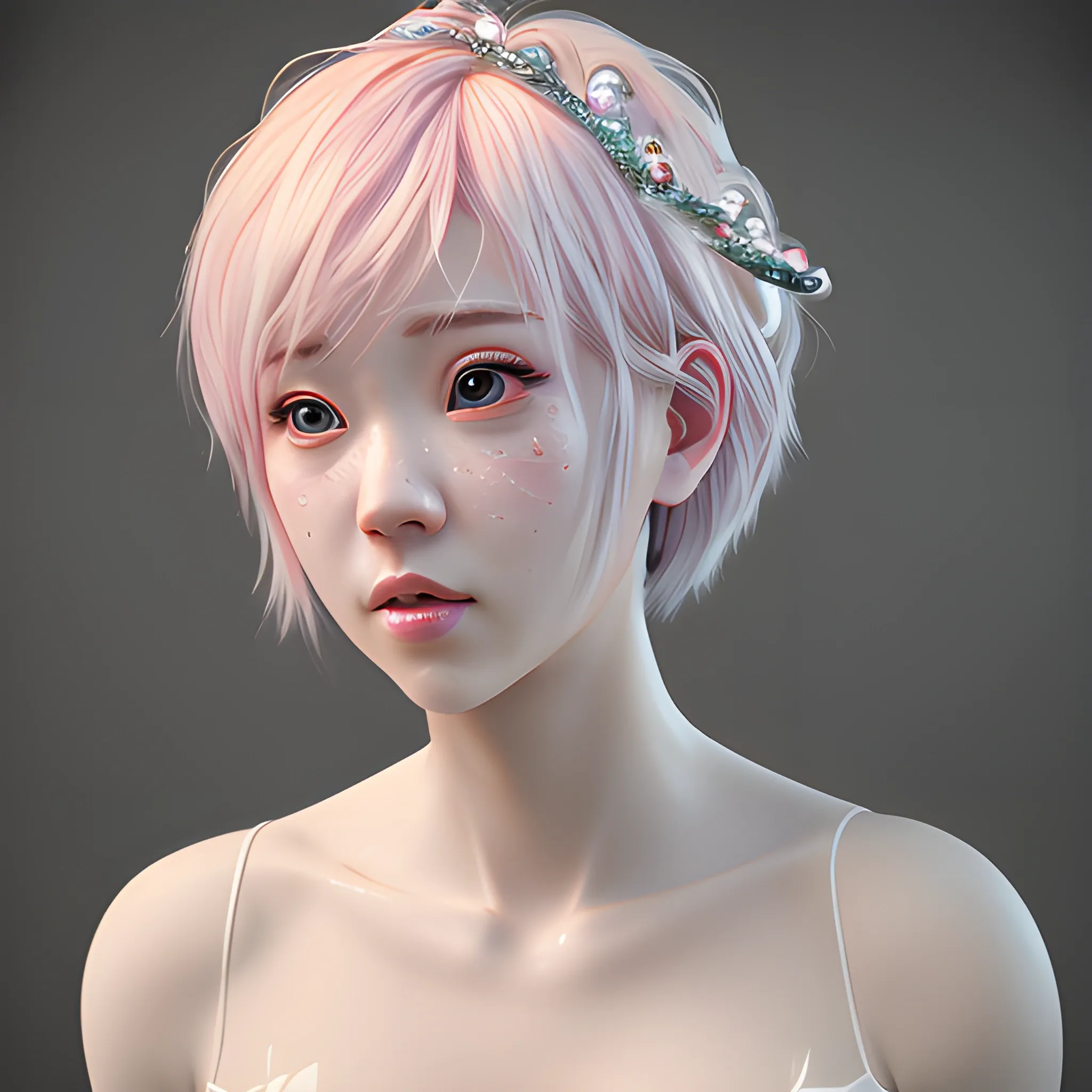 Best Quality, Masterpiece, Ultra HD, (Realism: 1.8), Skin Detail, Korean, Bangs, semi Short Hair, Light white Pink Hair Color, full body, mermaid rainbow, bride crown, Beautiful Lighting, Dynamic Lighting, Zbrush Sculpt