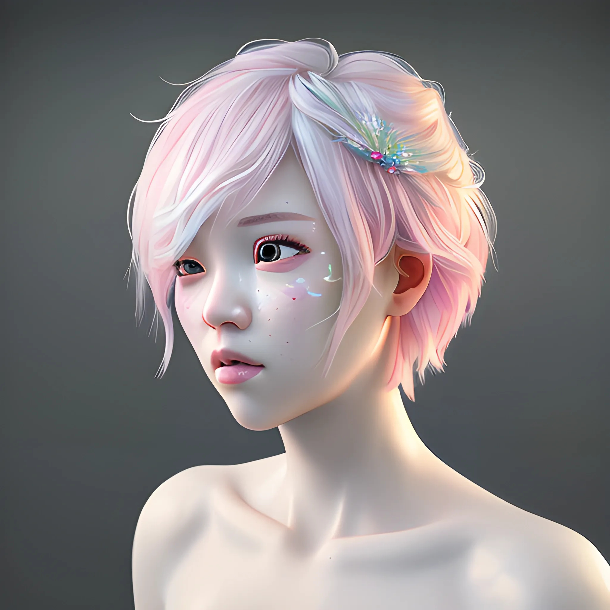 Best Quality, Masterpiece, Ultra HD, (Realism: 1.8), Skin Detail, Korean, Bangs, semi Short Hair, Light white Pink Hair Color, full body, mermaid rainbow, bride crown, Beautiful Lighting, Dynamic Lighting, Zbrush Sculpt