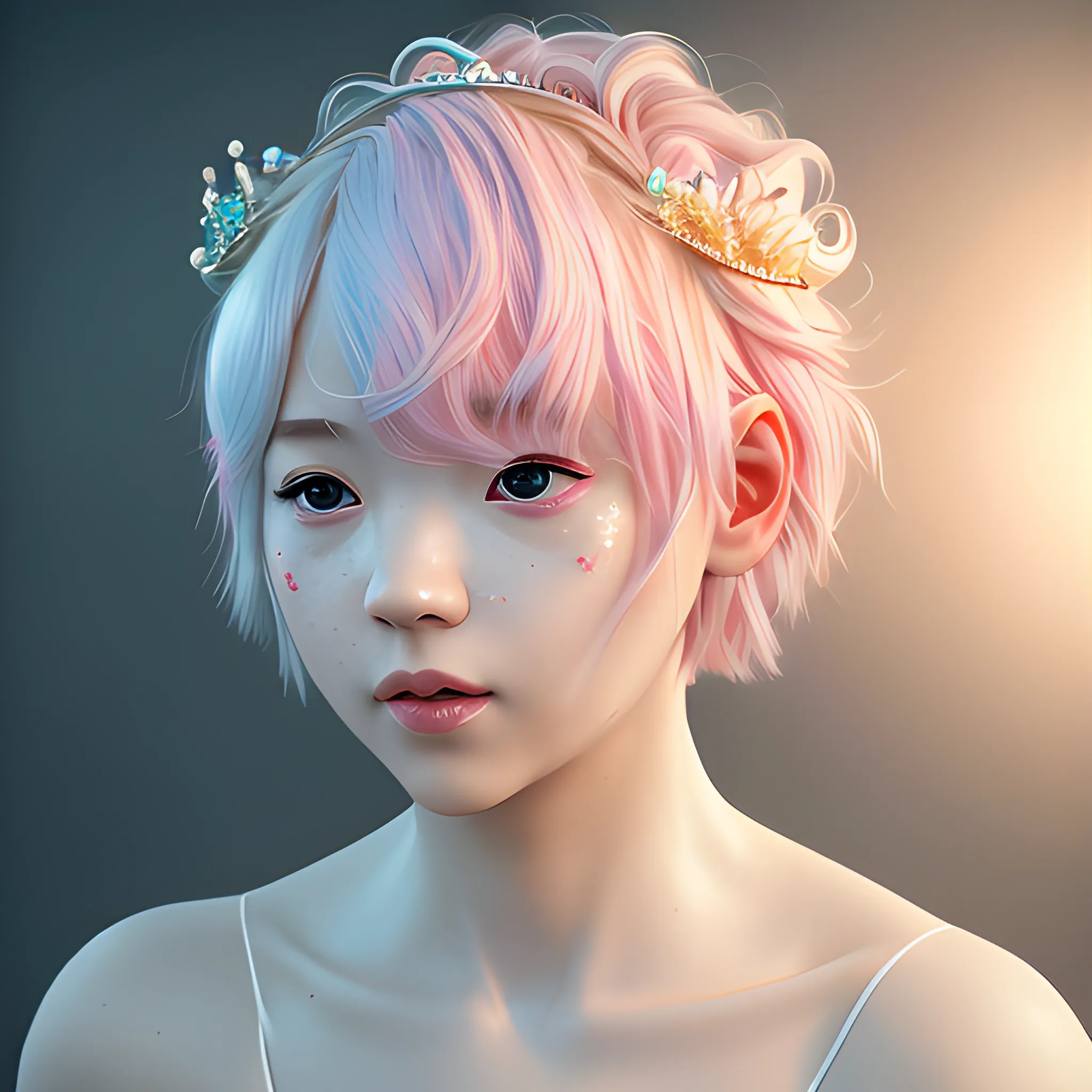 Best Quality, Masterpiece, Ultra HD, (Realism: 1.8), Skin Detail, Korean, Bangs, semi Short Hair, Light white Pink Hair Color, full body, mermaid rainbow, bride crown, Beautiful Lighting, Dynamic Lighting, Zbrush Sculpt