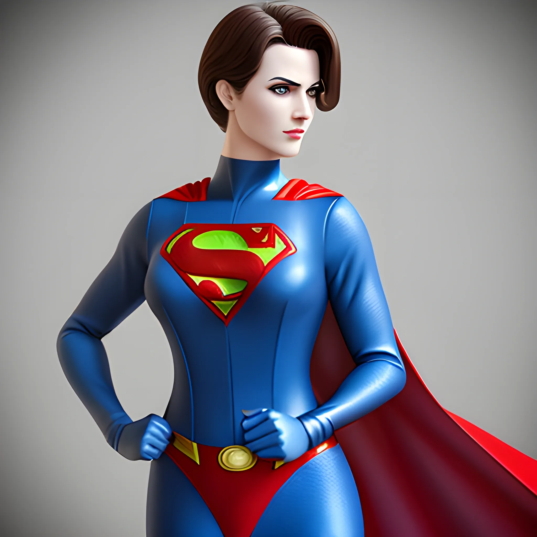 An elegant lady wearing a Superman costume, eye-catching detail, realistic ultra-detailed, 3D