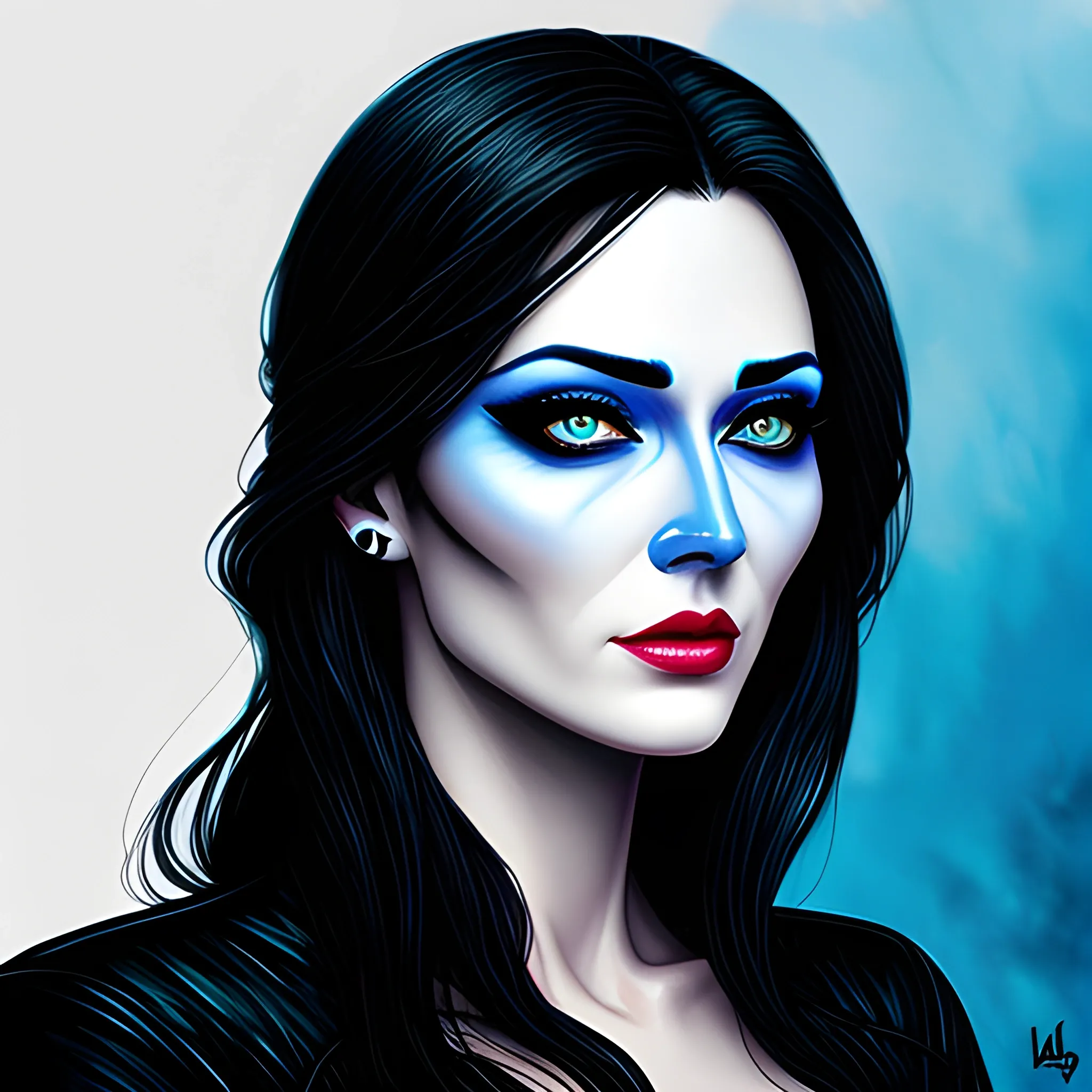 Beautiful girl with black eyes, high detail, blue scene, hauntingly beautiful illustration