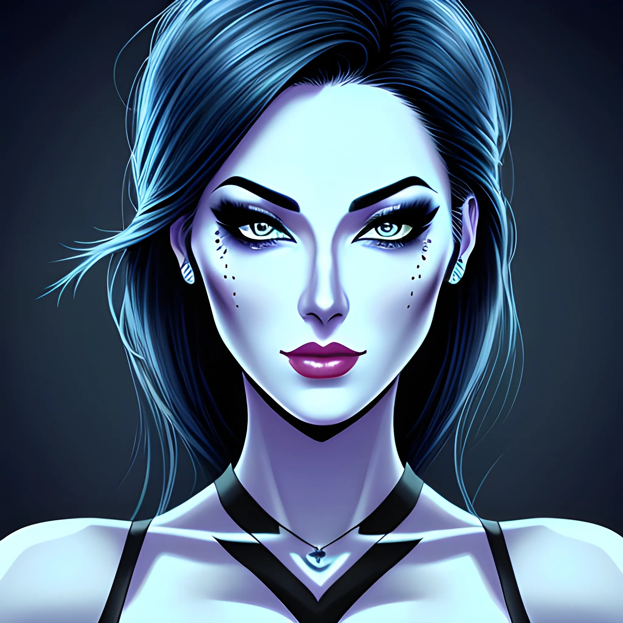 Beautiful girl with black eyes, high detail, blue scene, hauntingly beautiful illustration, Cartoon