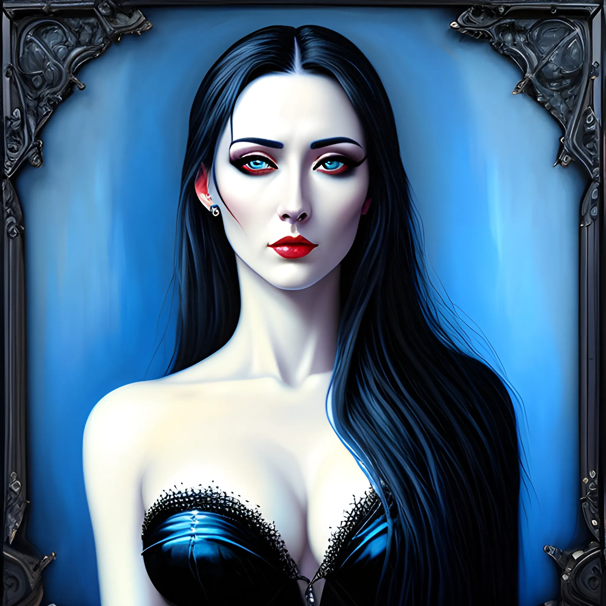 Beautiful girl with black eyes, high detail, blue scene, hauntingly,, Oil Painting