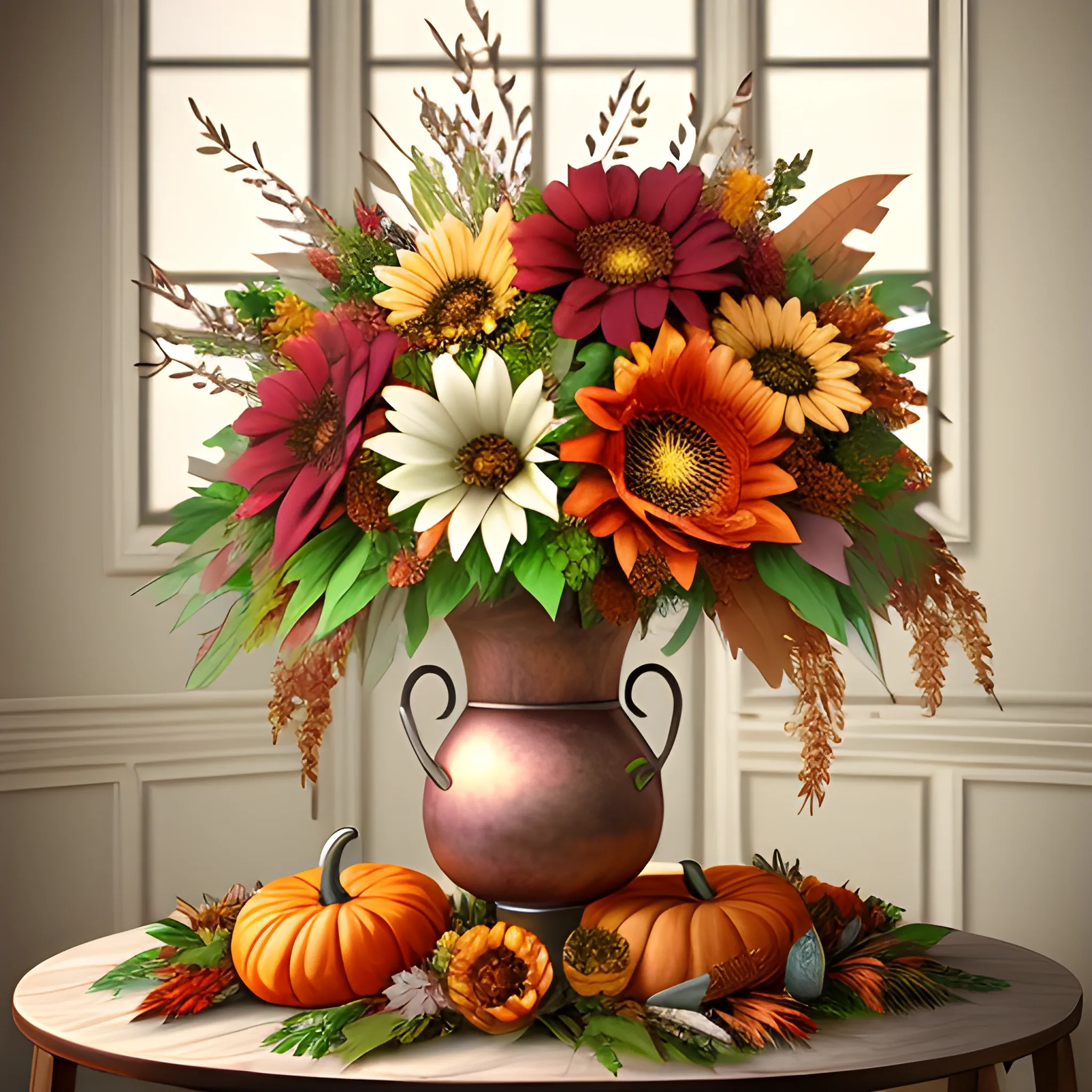 Beautiful Thanksgiving bouquet of flowers and leaves, elegant, extremely detailed, hyper realistic, high resolution, incredibly realistic and detailed expressions, Trippy