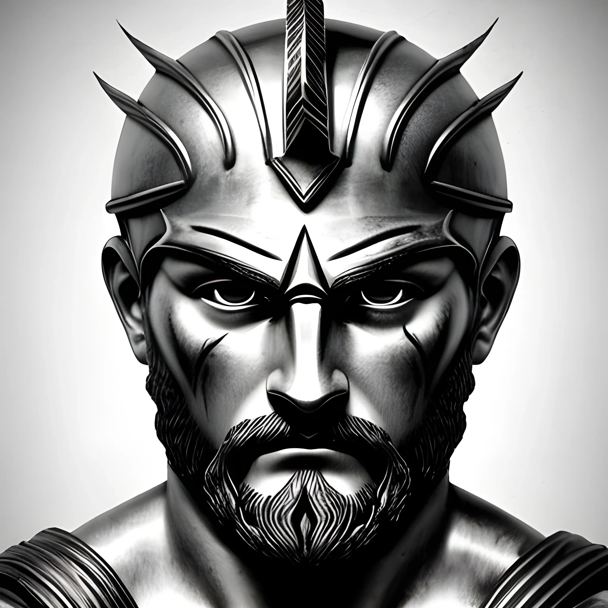 
generate from the attached image, respecting all facial features, an image that simulates Leonidas, the defender of Sparta. The image should be in close-up, in black and white with a natural and antique background., Pencil Sketch