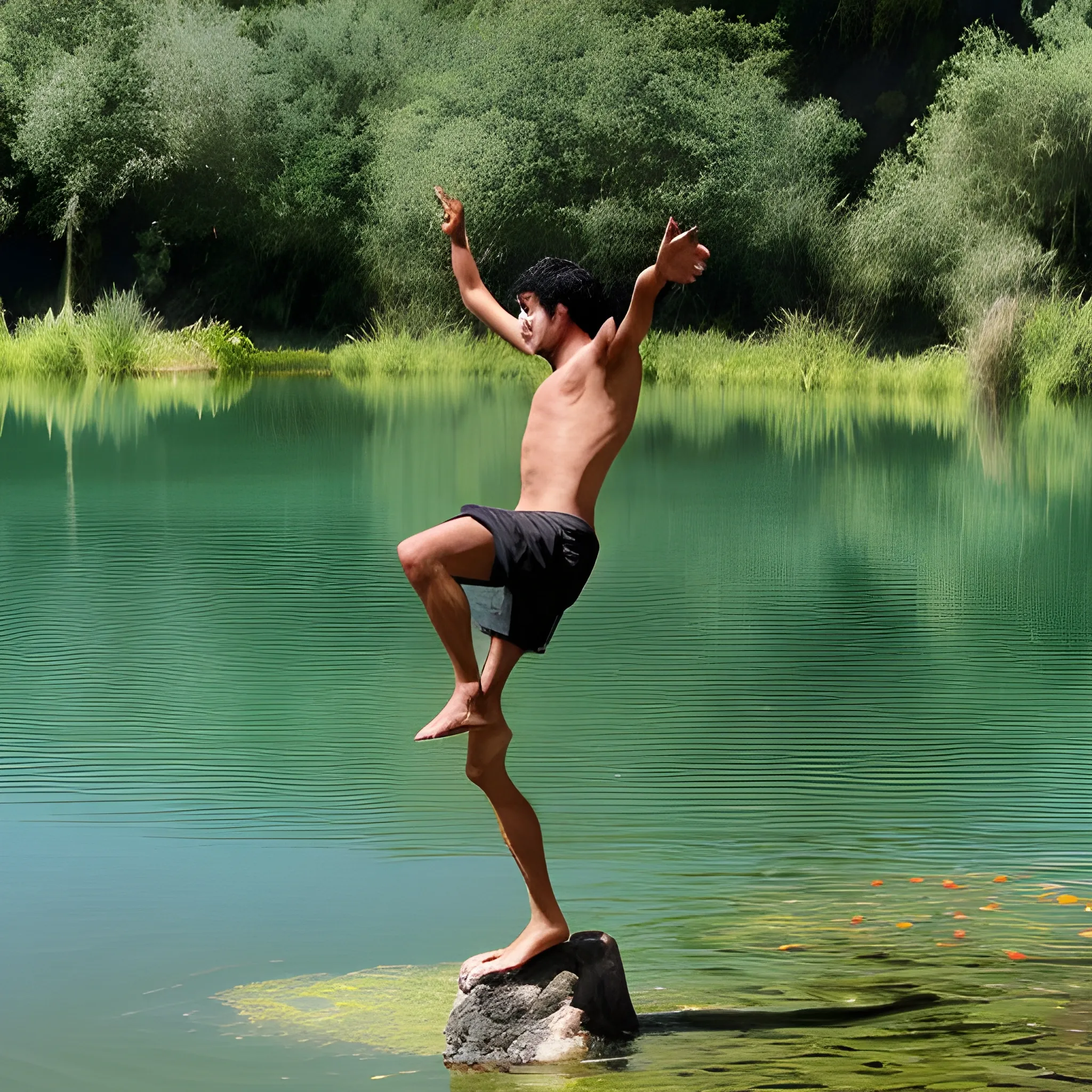 hombre levitando en medio de un lago
