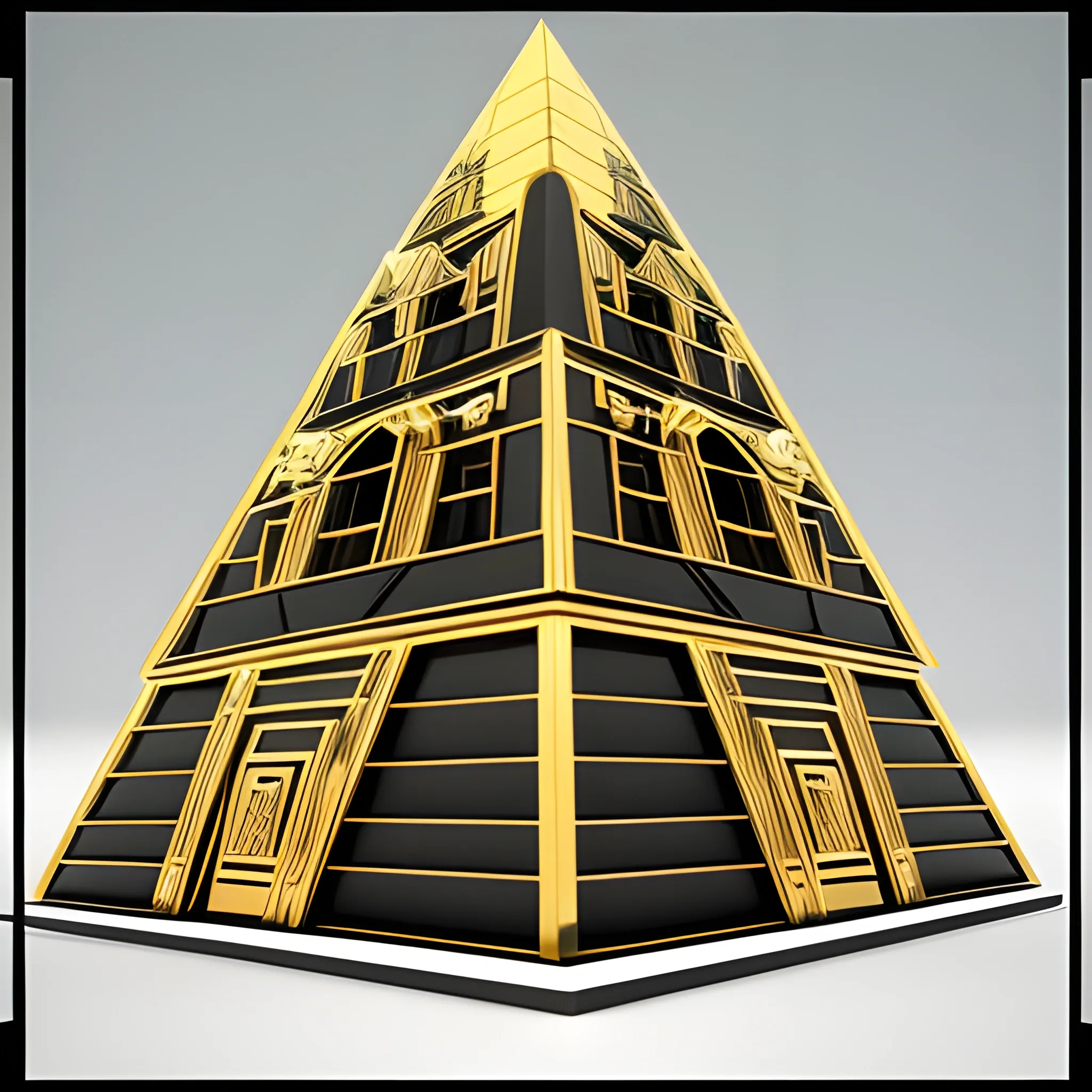 Pyramidal building, corners with white pillars, black windows in the middle, with a golden door, at the top a golden ornament on a black base that adorns the building., 3D