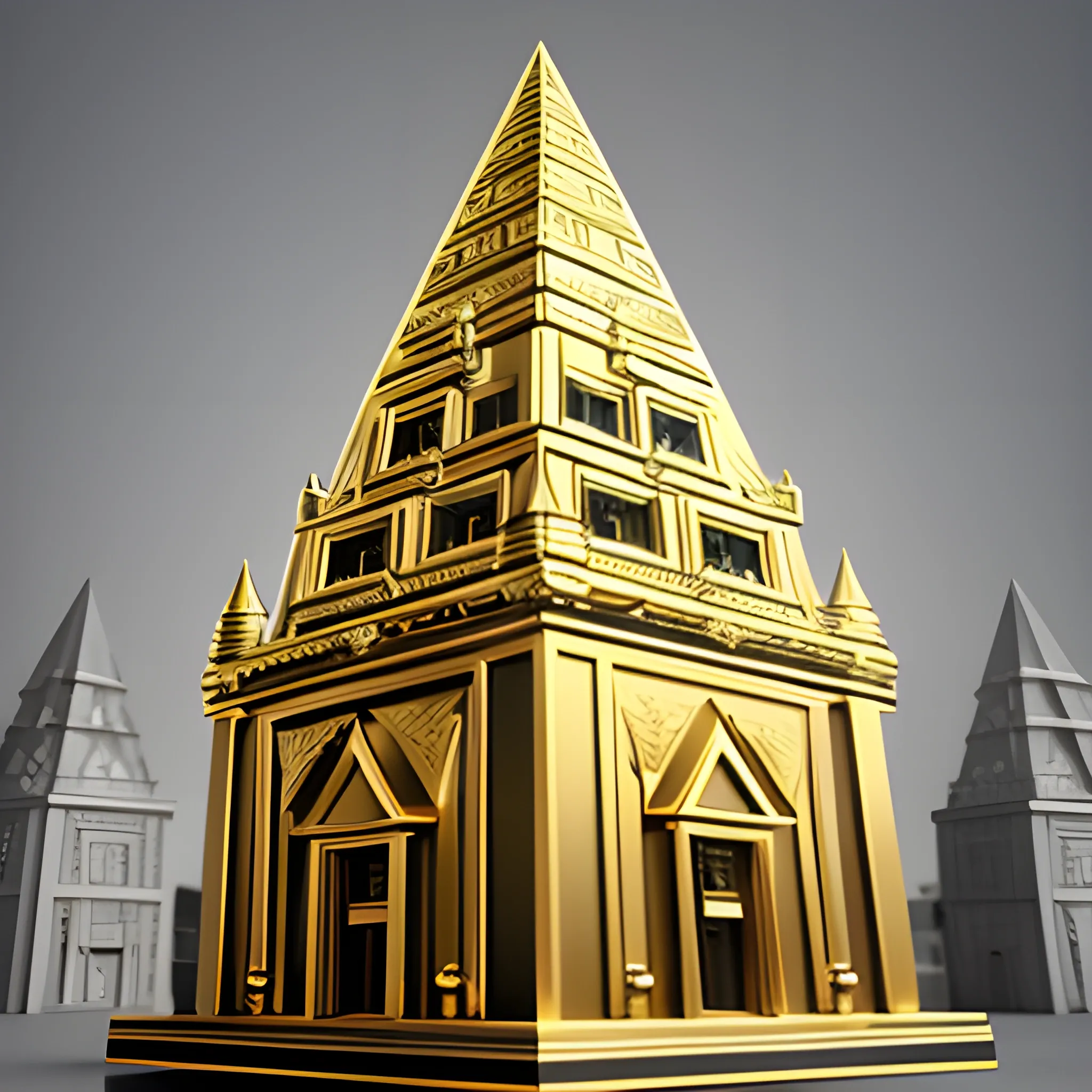 Pyramidal building, corners with white pillars, black windows in the middle, with a golden door, at the top a golden ornament on a black base that adorns the building., 3D, Oil Painting