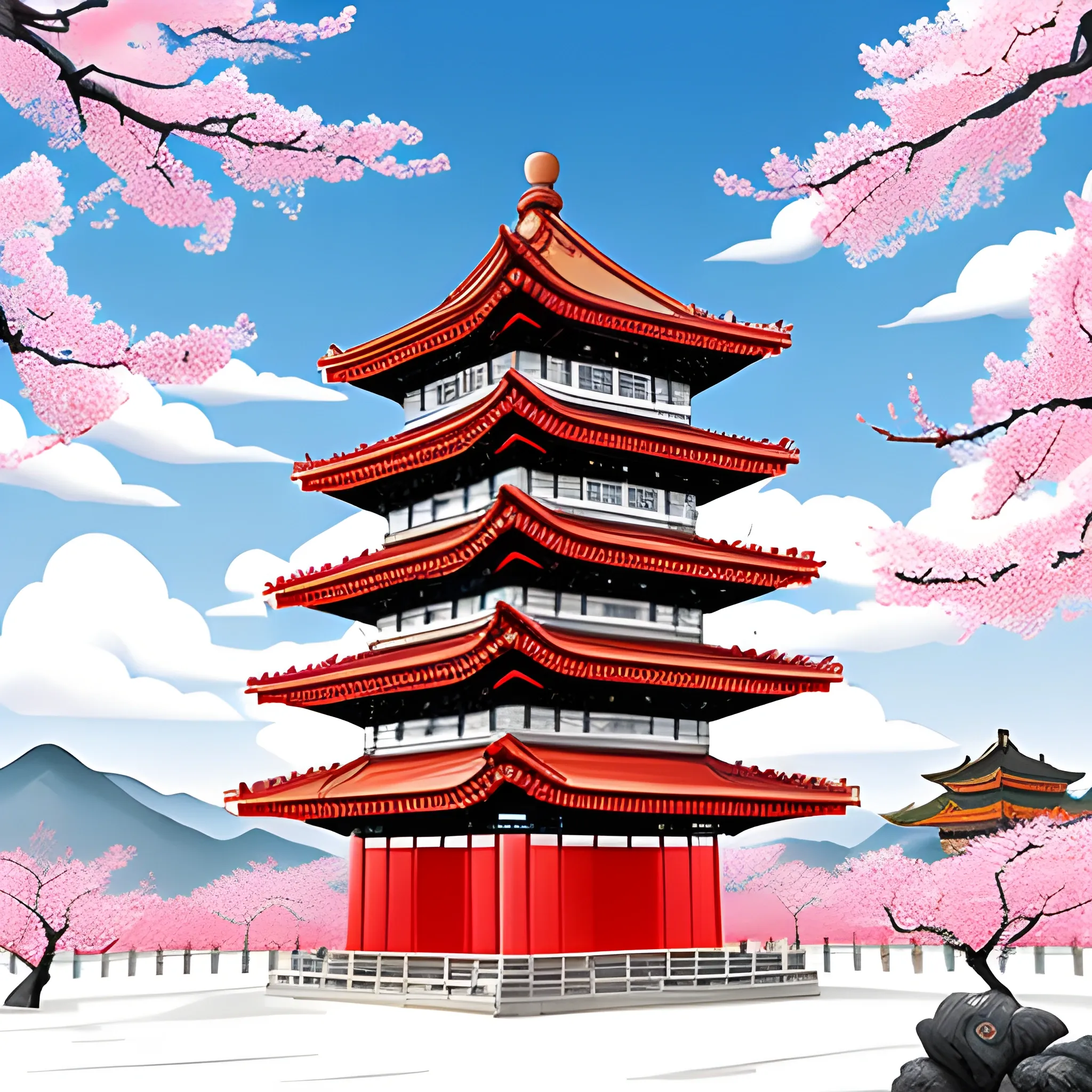 Ancient pagoda from the Song Dynasty in China, white clouds and snowy scenery in the southern sky, red plum blossoms, the ultimate artistic conception, master, Cartoon, Cartoon