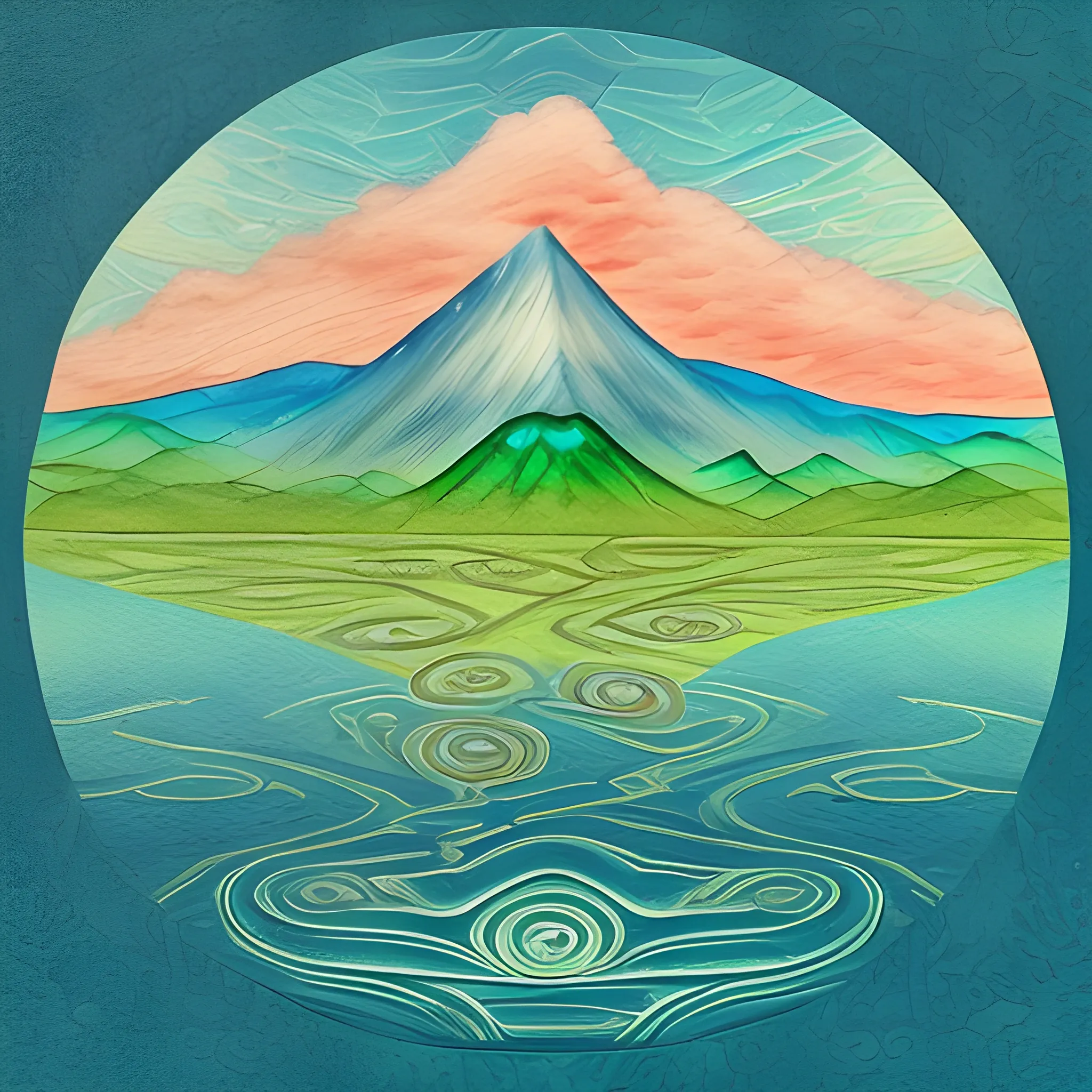 Generate a card for "Sawa Shui Ji" as represented by the bagua divination. Incorporate water and mountain symbols in the design to create a sense of tranquility and constraint. The color palette should be blue and green to create an atmosphere of elegance and stability. Include discreet ripples and mountain outlines on the card to visually indicate divinatory elements.", Trippy, Pencil Sketch, Oil Painting, Water Color, Trippy