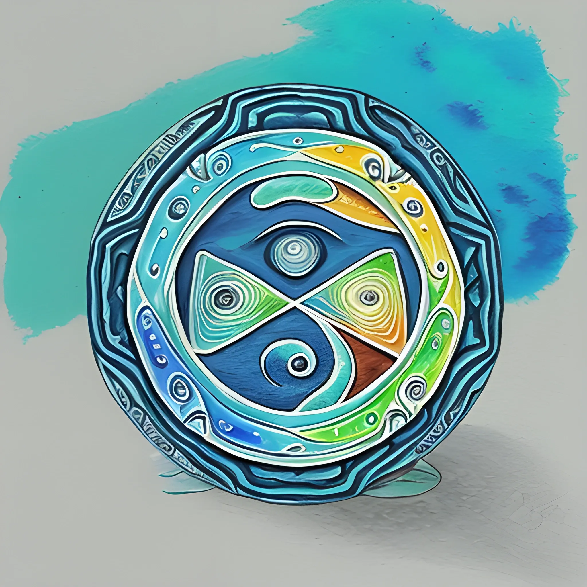 Generate a card for "Sawa Shui Ji" as represented by the bagua divination. Incorporate water and mountain symbols in the design to create a sense of tranquility and constraint. The color palette should be blue and green to create an atmosphere of elegance and stability. Include discreet ripples and mountain outlines on the card to visually indicate divinatory elements.", Trippy, Pencil Sketch, Oil Painting, Water Color, Trippy, Cartoon