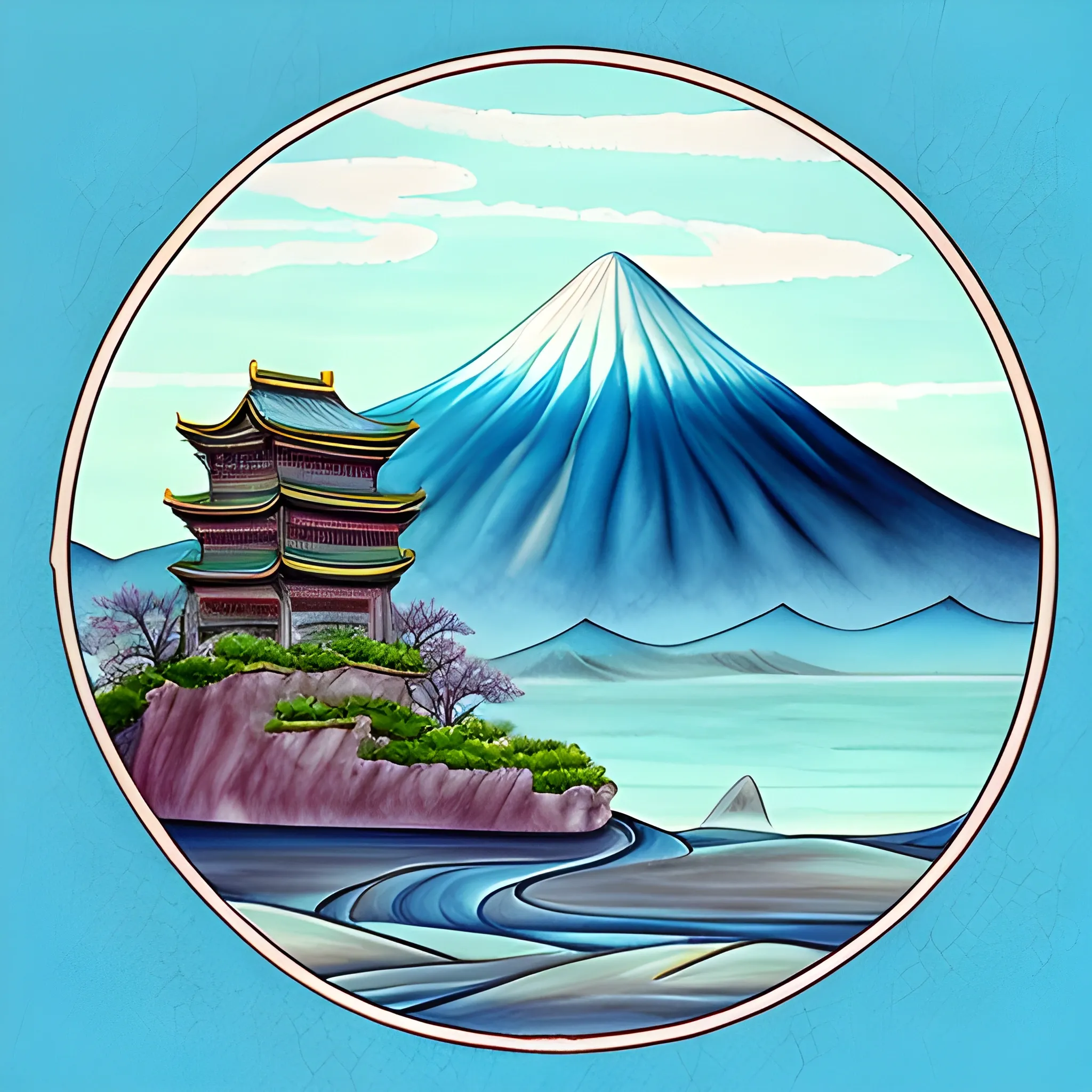 Generate a card for "Sawa Shui Ji" as represented by the bagua divination. Incorporate water and mountain symbols in the design to create a sense of tranquility and constraint. The color palette should be blue and green to create an atmosphere of elegance and stability. Include discreet ripples and mountain outlines on the card to visually indicate divinatory elements.", Trippy, Pencil Sketch, Oil Painting, Water Color, Trippy, Cartoon