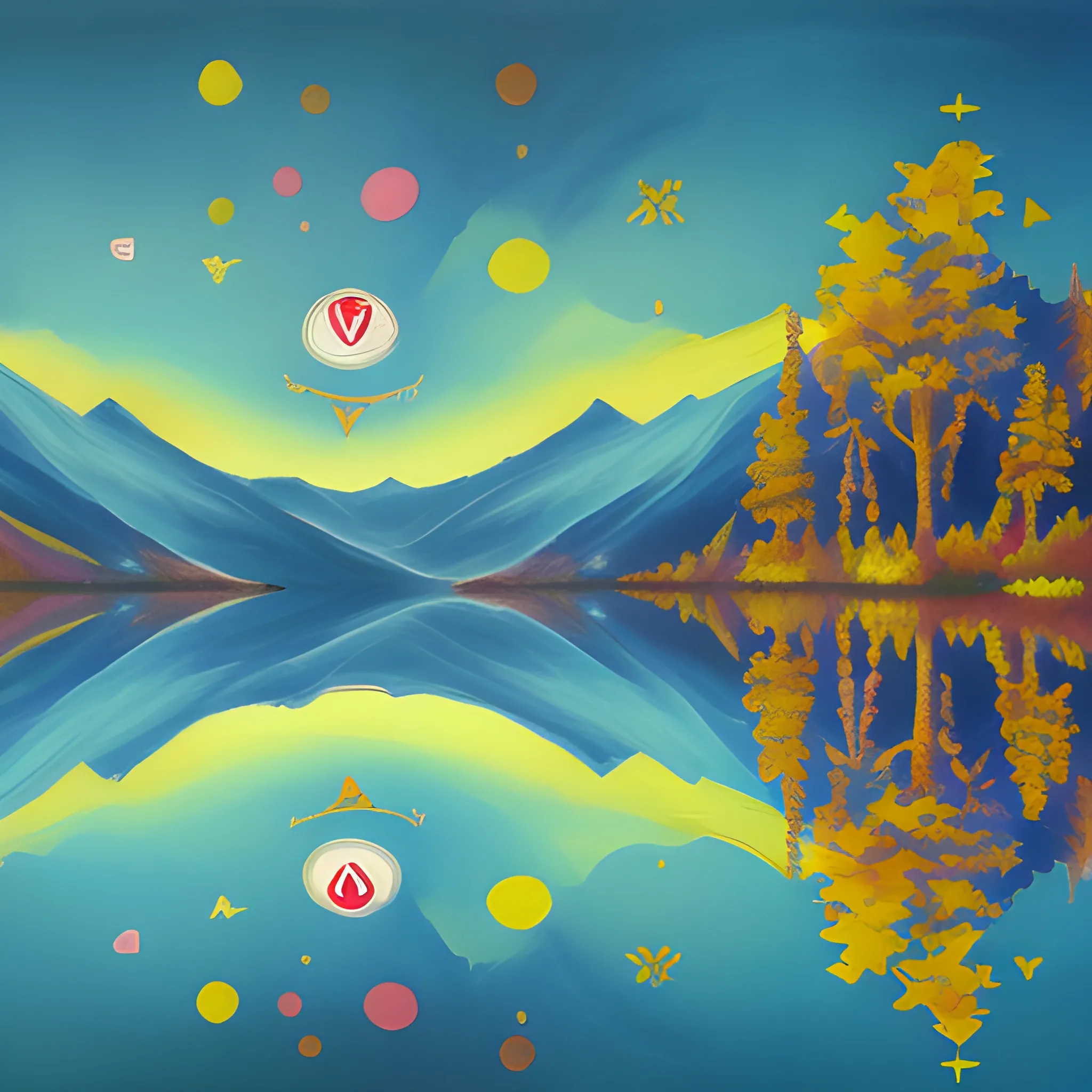 Please generate a design for a "Sawsui Jai" card from bagua divination that will give the recipient a sense of security and exploration. The image of mountains and trees reflected on quiet water, with discreet ripples and enigmatic light incorporated into the image, should create a card that gives the viewer a sense of deep insight. COLORS
, Cartoon, Trippy,  Water Color, Oil Painting, Cartoon