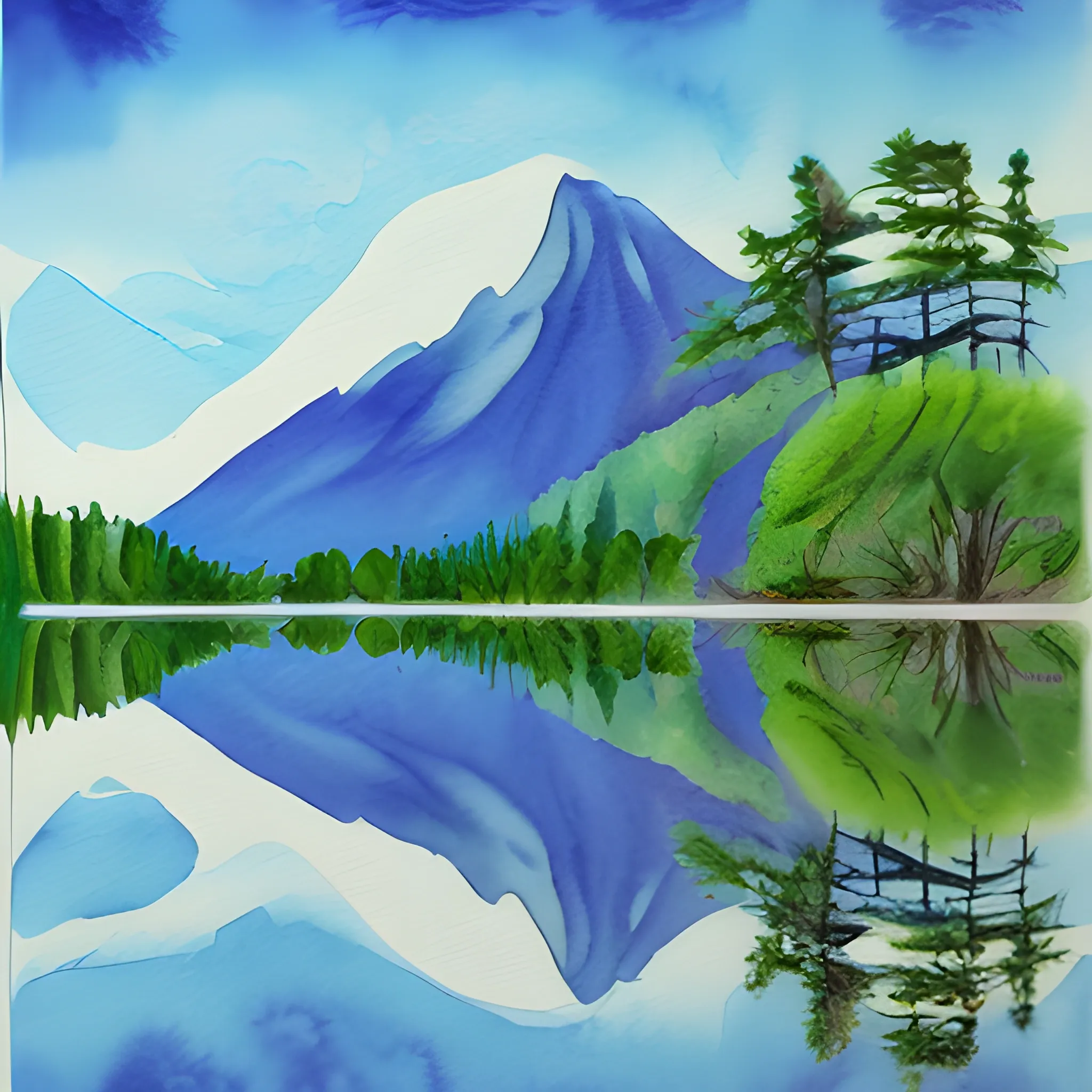 Please generate a design for a "Sawsui Jai" card from bagua divination that will give the recipient a sense of security and exploration. The image of mountains and trees reflected on quiet water, with discreet ripples and enigmatic light incorporated into the image, should create a card that gives the viewer a sense of deep insight. COLORS.HAND image
, Cartoon, Trippy,  Water Color, Oil Painting, Cartoon