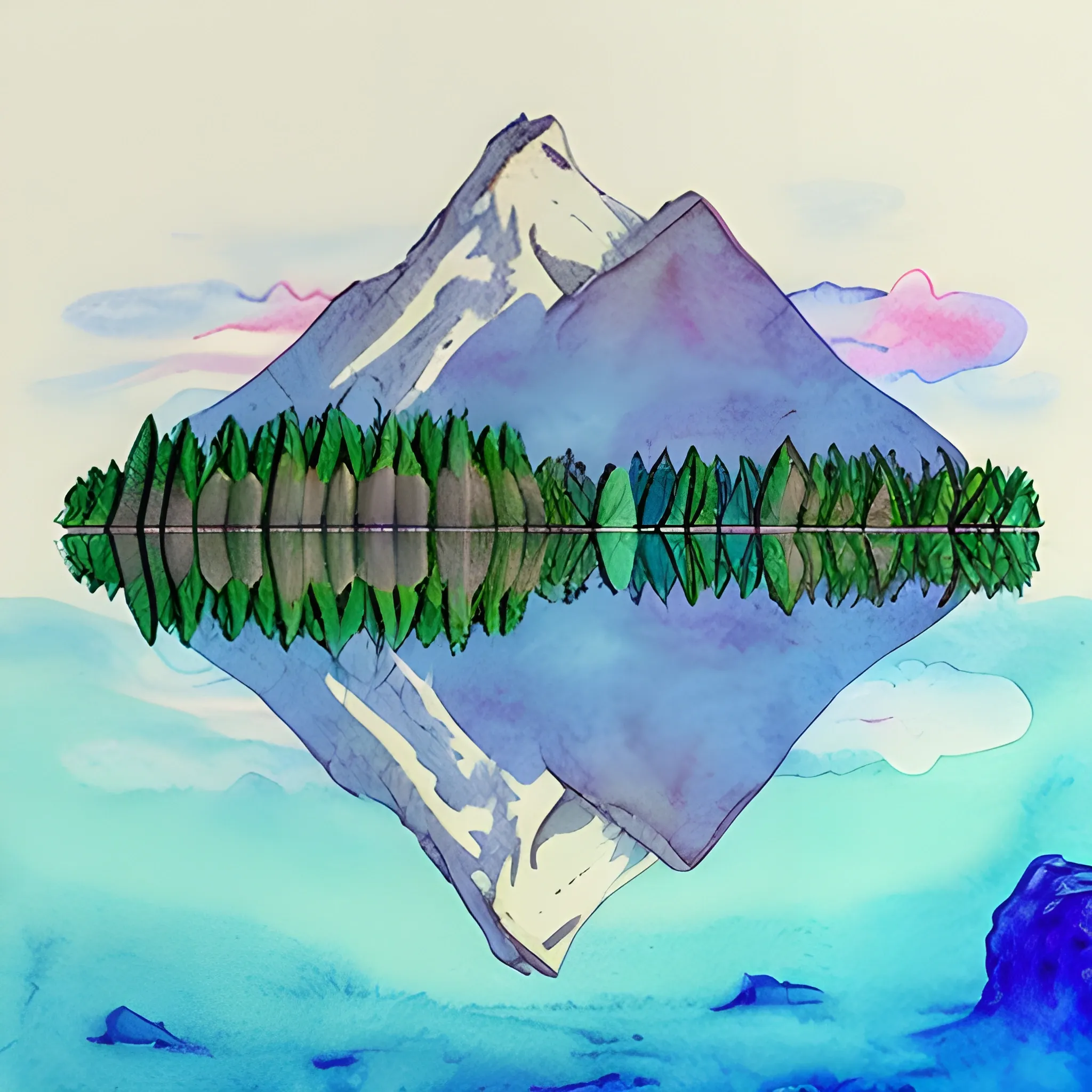 Please generate a design for a "Sawsui Jai" card from bagua divination that will give the recipient a sense of security and exploration. The image of mountains and trees reflected on quiet water, with discreet ripples and enigmatic light, and the difficulty of capturing it with the hand, should create a card that gives the viewer a deep sense of insight., Trippy, Cartoon, Water Color