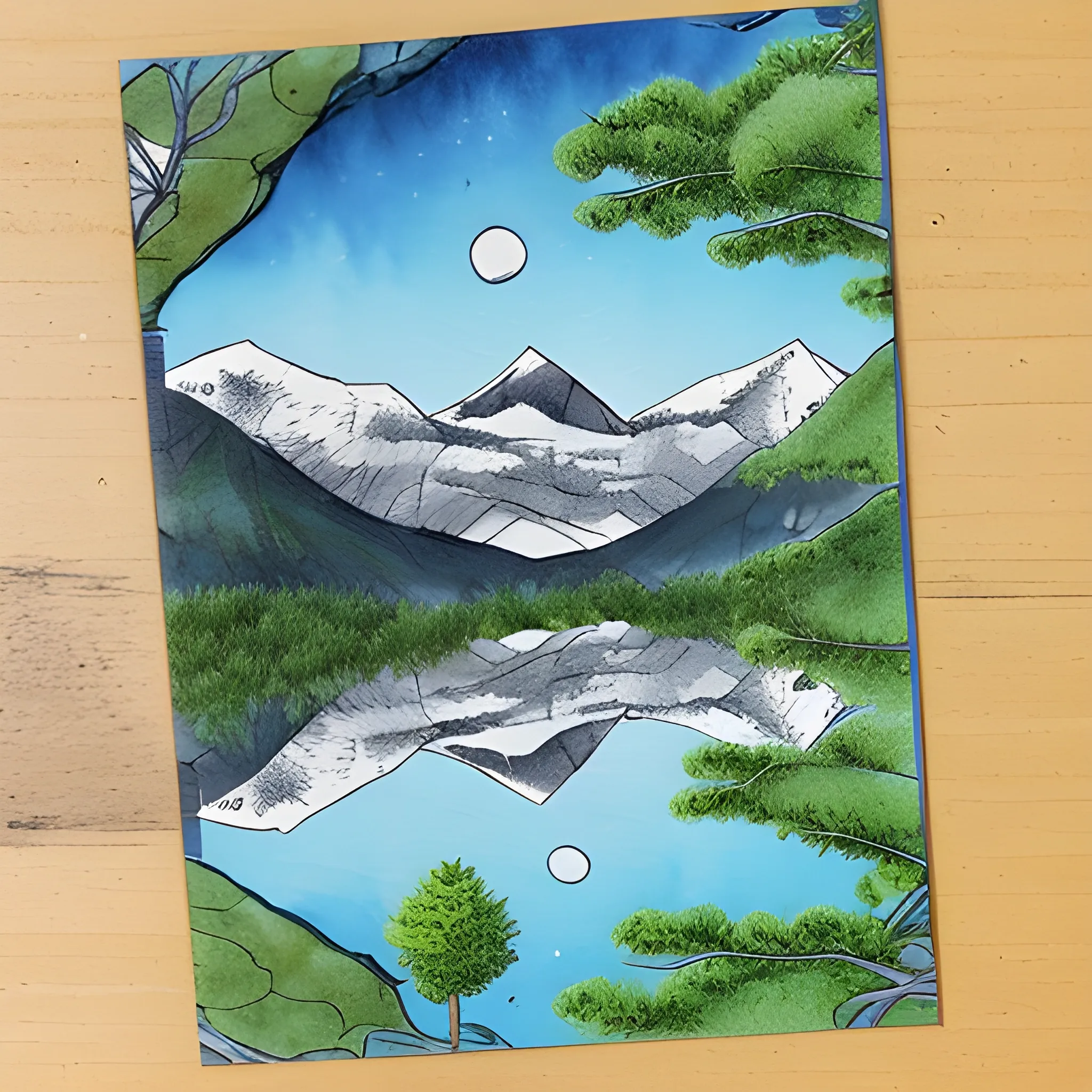 Please generate a design for a "Sawsui Jai" card from bagua divination that will give the recipient a sense of security and exploration. The image of mountains and trees reflected on quiet water, with discreet ripples and enigmatic light incorporated into the image, and the shape of the card, which includes the difficulty of grasping it by hand, will give the viewer a deep insight into the world of the mountains and trees. The card should be made to give the viewer a sense of deep insight., Trippy, Cartoon, Water Color