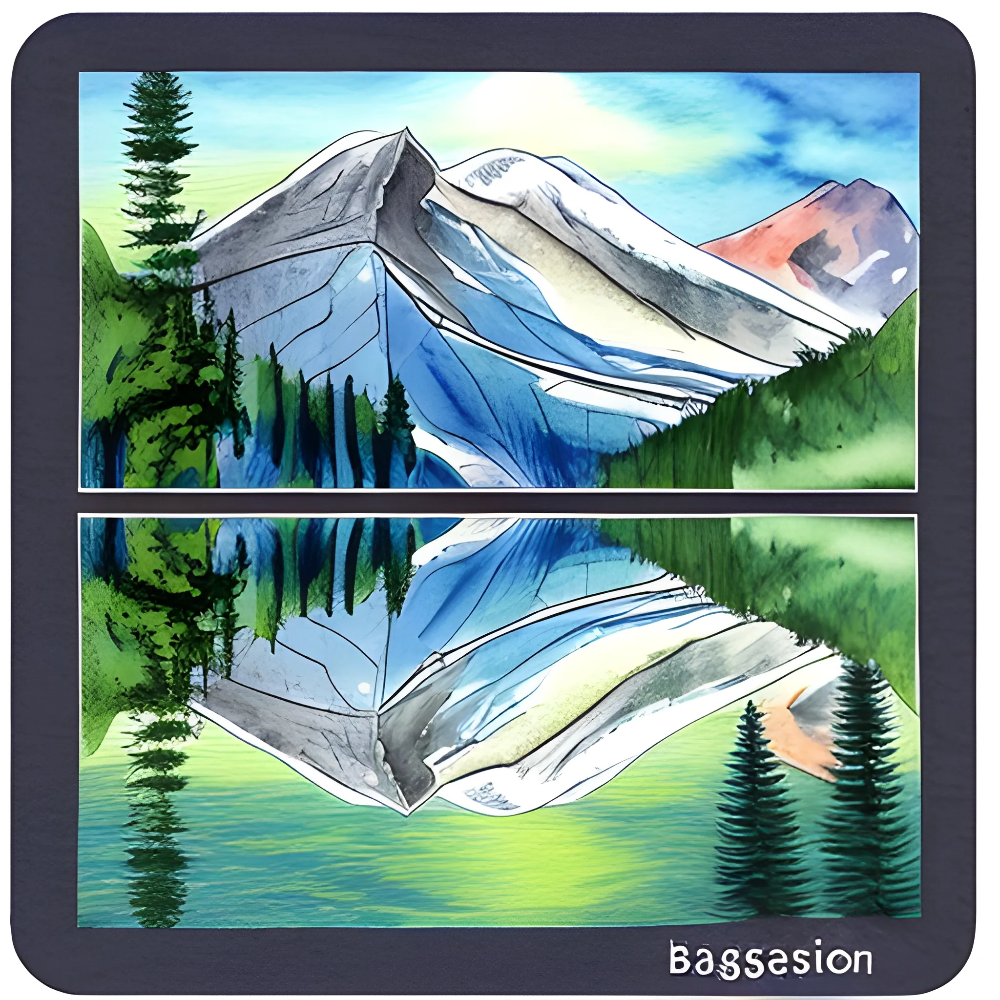 Please generate a design for a "Sawsui Jai" card from bagua divination that will give the recipient a sense of security and exploration. The image of mountains and trees reflected on quiet water, with discreet ripples and enigmatic light incorporated into the image, and the shape of the card, which includes the difficulty of grasping it by hand, will give the viewer a deep insight into the world of the mountains and trees. The card should be made to give the viewer a sense of deep insight., Trippy, Cartoon, Water Color, Pencil Sketch