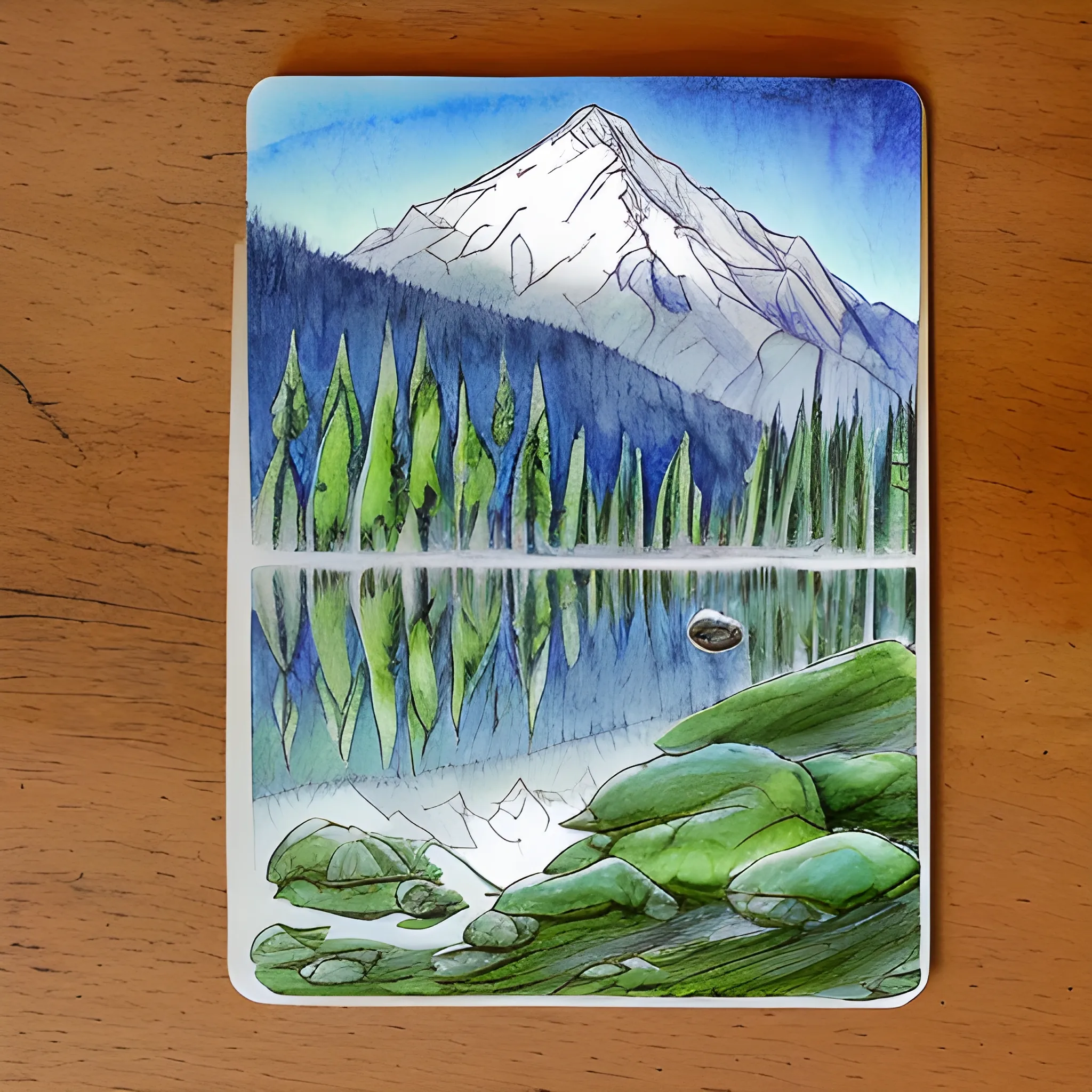 Please generate a design for a "Sawsui Jai" card from bagua divination that will give the recipient a sense of security and exploration. The image of mountains and trees reflected on quiet water, with discreet ripples and enigmatic light incorporated into the image, and the shape of the card, which includes the difficulty of grasping it by hand, will give the viewer a deep insight into the world of the mountains and trees. The card should be made to give the viewer a sense of deep insight., Trippy, Cartoon, Water Color, Pencil Sketch