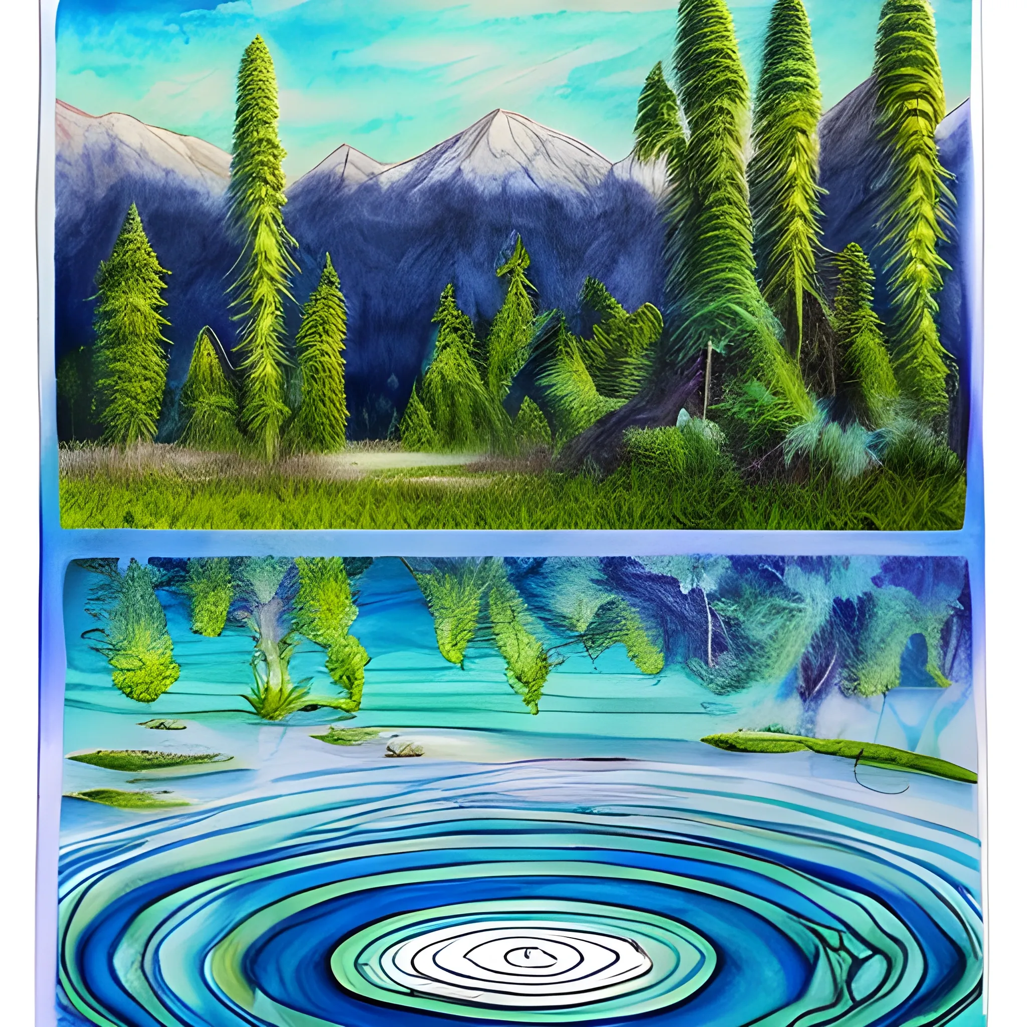 Please generate a design for a "Sawsui Jai" card from bagua divination that will give the recipient a sense of security and exploration. The image of mountains and trees reflected on a calm surface of water, the overflowing water supported by a hand, and the discreet ripples and enigmatic light incorporated into the card will give the viewer a deep insight into the world., Trippy, Cartoon, Pencil Sketch, Water Color, Oil Painting