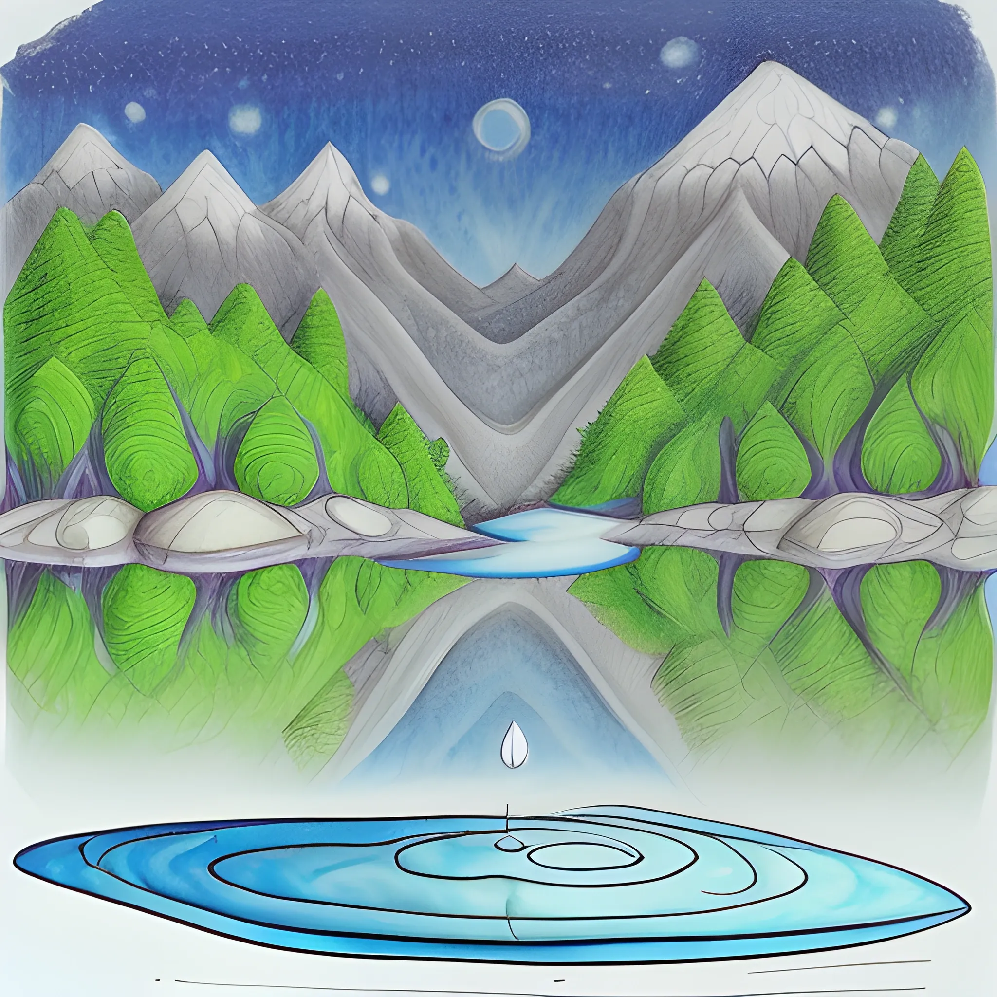 Please generate a design for a "Sawsui Jai" card from bagua divination that will give the recipient a sense of security and exploration. The image of mountains and trees reflected on a quiet surface of water, with flowing water supported by a hand but overflowing. Incorporate discreet ripples and enigmatic light to create a card that gives the viewer a sense of deep insight., Cartoon, Trippy, Pencil Sketch, Water Color, Oil Painting