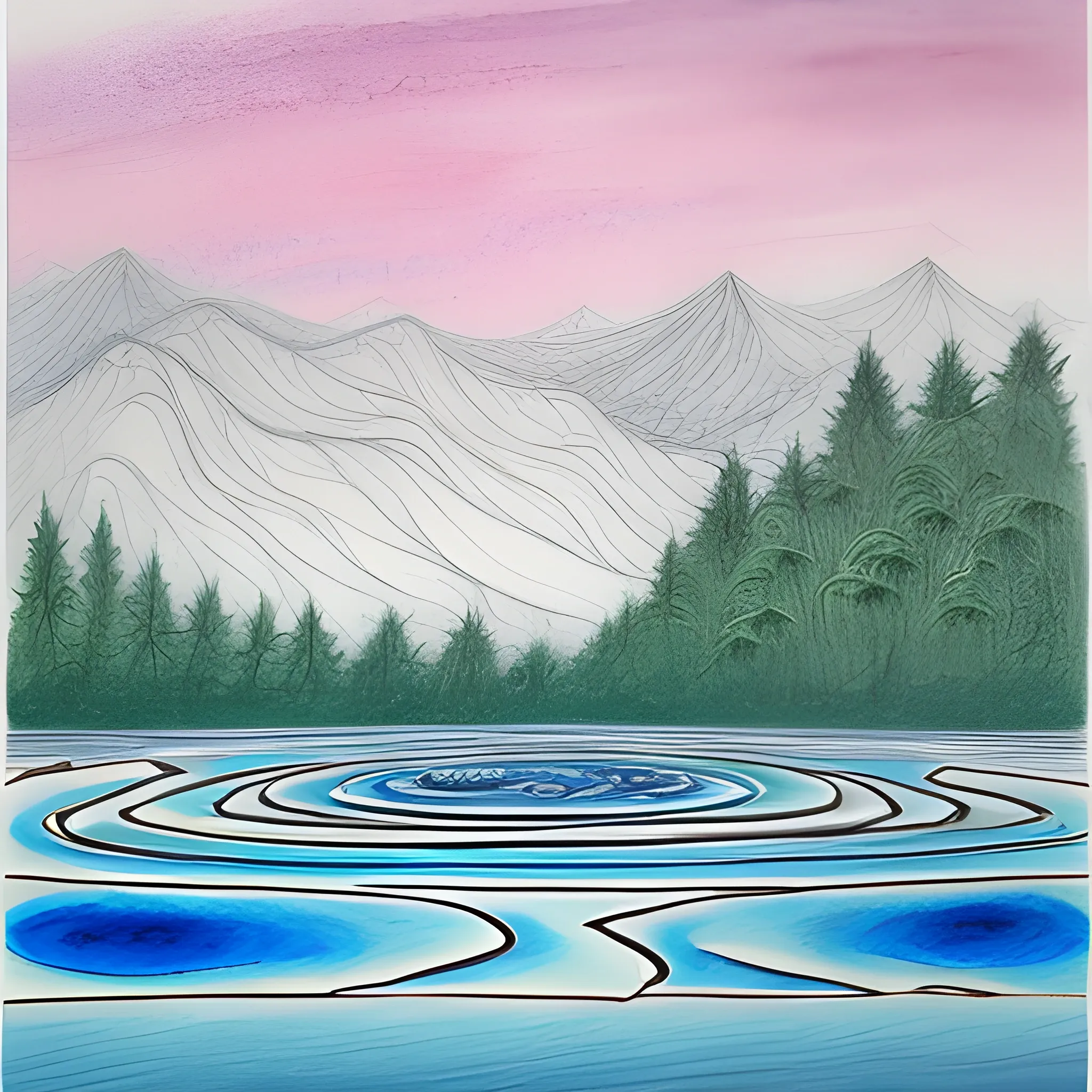 Please generate a design for a "Sawsui Jai" card from bagua divination that will give the recipient a sense of security and exploration. The image of mountains and trees reflected on a quiet surface of water, with flowing water supported by a hand but overflowing. Incorporate discreet ripples and enigmatic light to create a card that gives the viewer a sense of deep insight., Cartoon, Trippy, Pencil Sketch, Water Color, Oil Painting