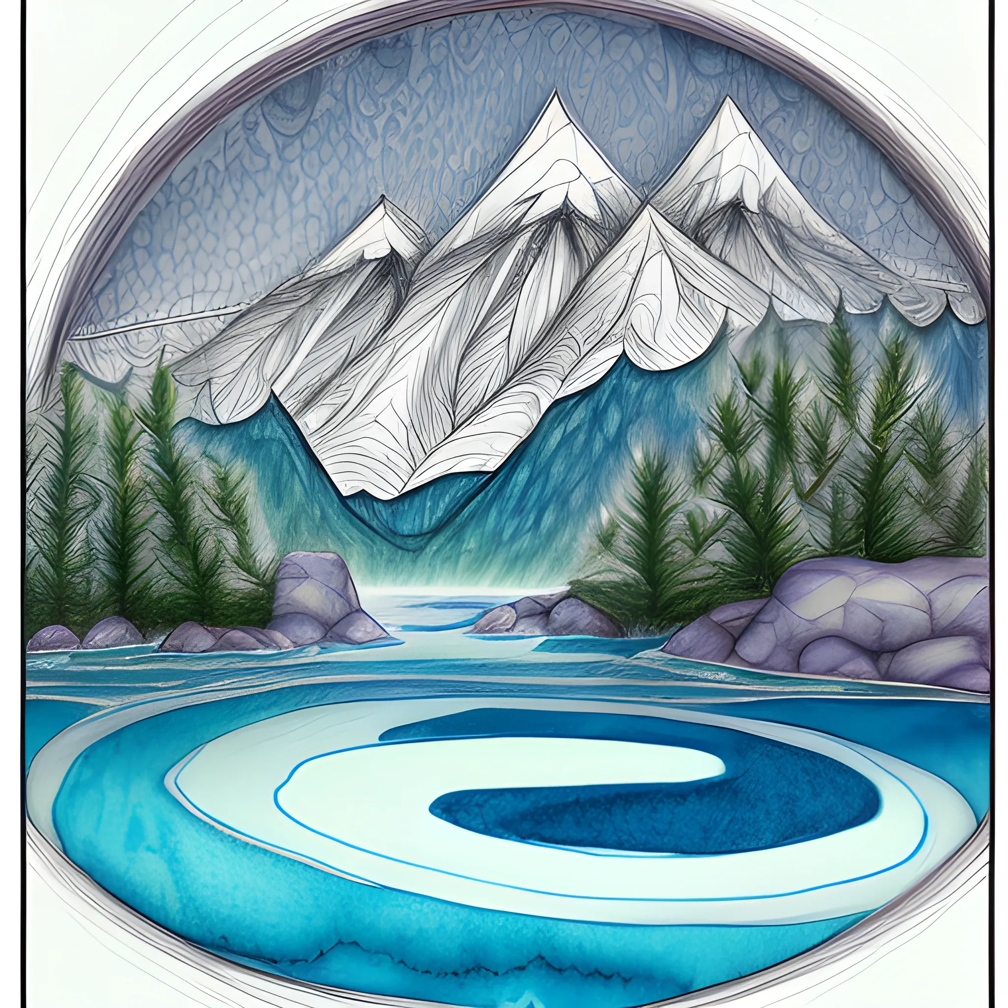 Please generate a design for a "Sawsui Jai" card from bagua divination that will give the recipient a sense of security and exploration. The image of mountains and trees reflected on a quiet surface of water, with flowing water supported by a hand but overflowing. Incorporate discreet ripples and enigmatic light to create a card that gives the viewer a sense of deep insight., Cartoon, Trippy, Pencil Sketch, Water Color, Oil Painting