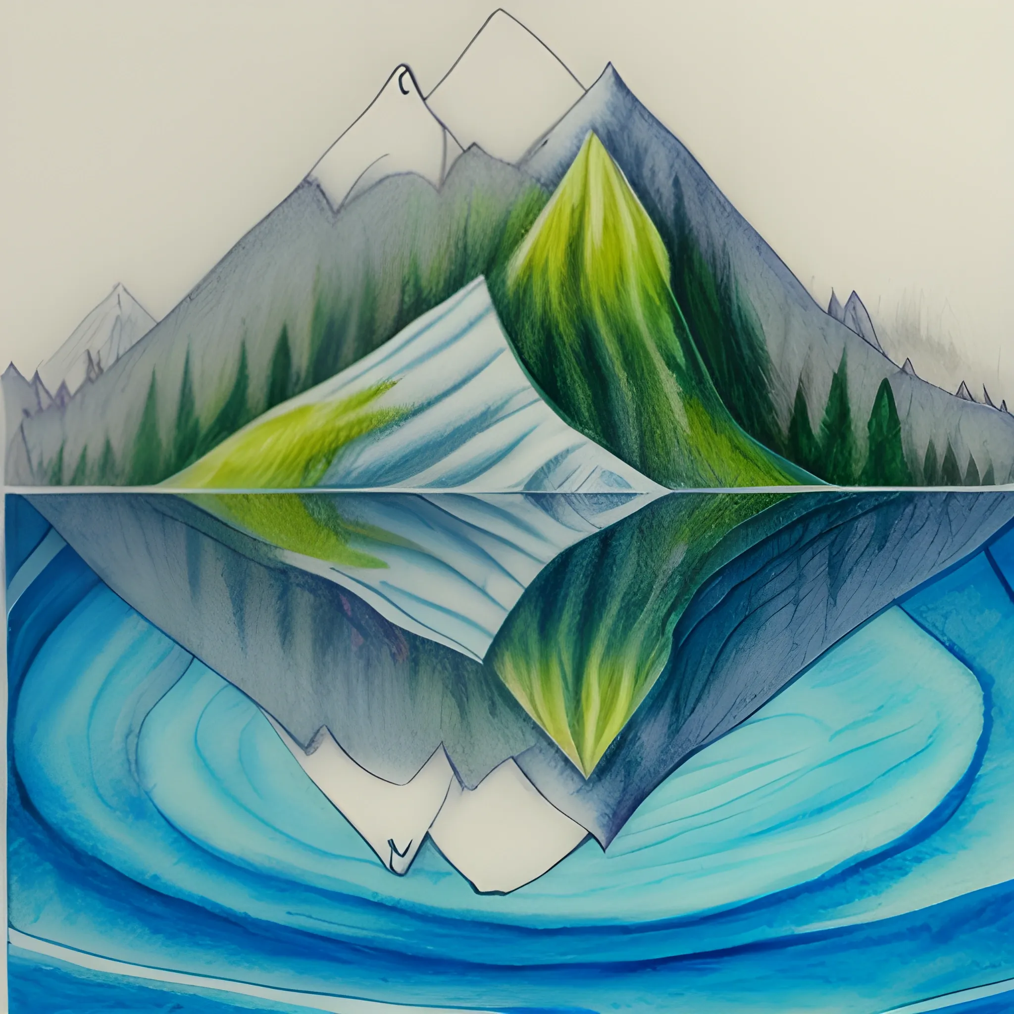 Please generate a design for a "Sawsui Jai" card from bagua divination that will give the recipient a sense of security and exploration. The image of mountains and trees reflected on a quiet surface of water, with flowing water supported by a hand but overflowing. Incorporate discreet ripples and enigmatic light to create a card that gives the viewer a sense of deep insight., Cartoon, Trippy, Pencil Sketch, Water Color, Oil Painting