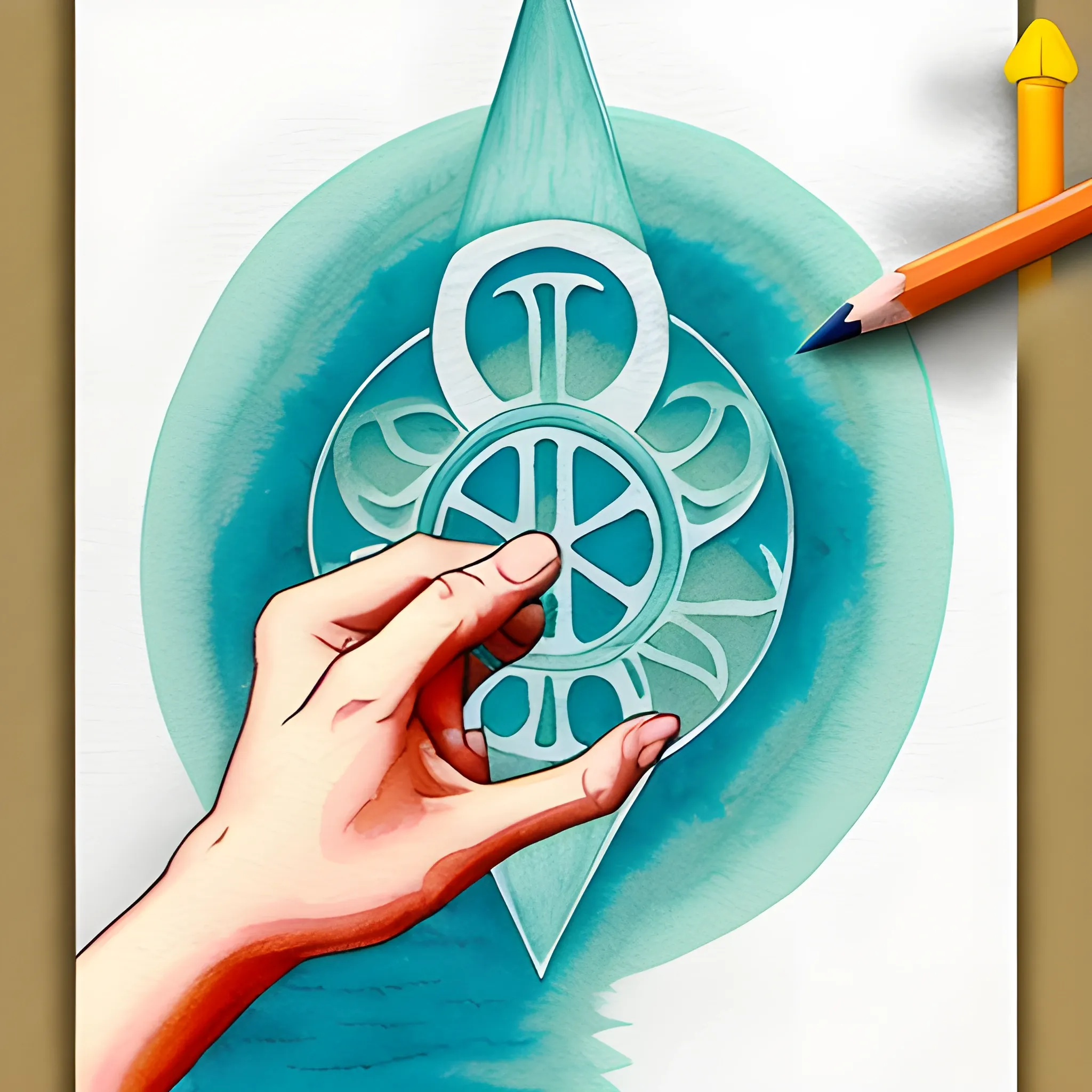 Design a card for "Sawsui Ji" in bagua divination. For this card, we would like to depict the receiver's hand touching the calm surface of the water. Please design the outline of the hand so that it gently emerges and gives the impression of minute ripples on the surface of the water. The palm of the hand should discreetly incorporate divination symbols to help the recipient feel a sense of inner peace and insight. Color tones should be natural blues and greens, with a warm glow. Finish the overall ambiance with a mix of peacefulness and anticipation.", Trippy, Cartoon, Pencil Sketch, Water Color, Oil Painting