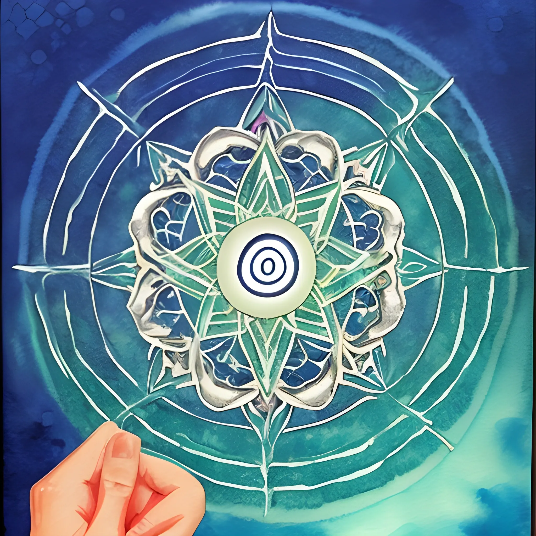 Design a card for "Sawsui Ji" in bagua divination. For this card, we would like to depict the receiver's hand touching the calm surface of the water. Please design the outline of the hand so that it gently emerges and gives the impression of minute ripples on the surface of the water. The palm of the hand should discreetly incorporate divination symbols to help the recipient feel a sense of inner peace and insight. Color tones should be natural blues and greens, with a warm glow. Finish the overall ambiance with a mix of peacefulness and anticipation.", Trippy, Cartoon, Water Color, Oil Painting