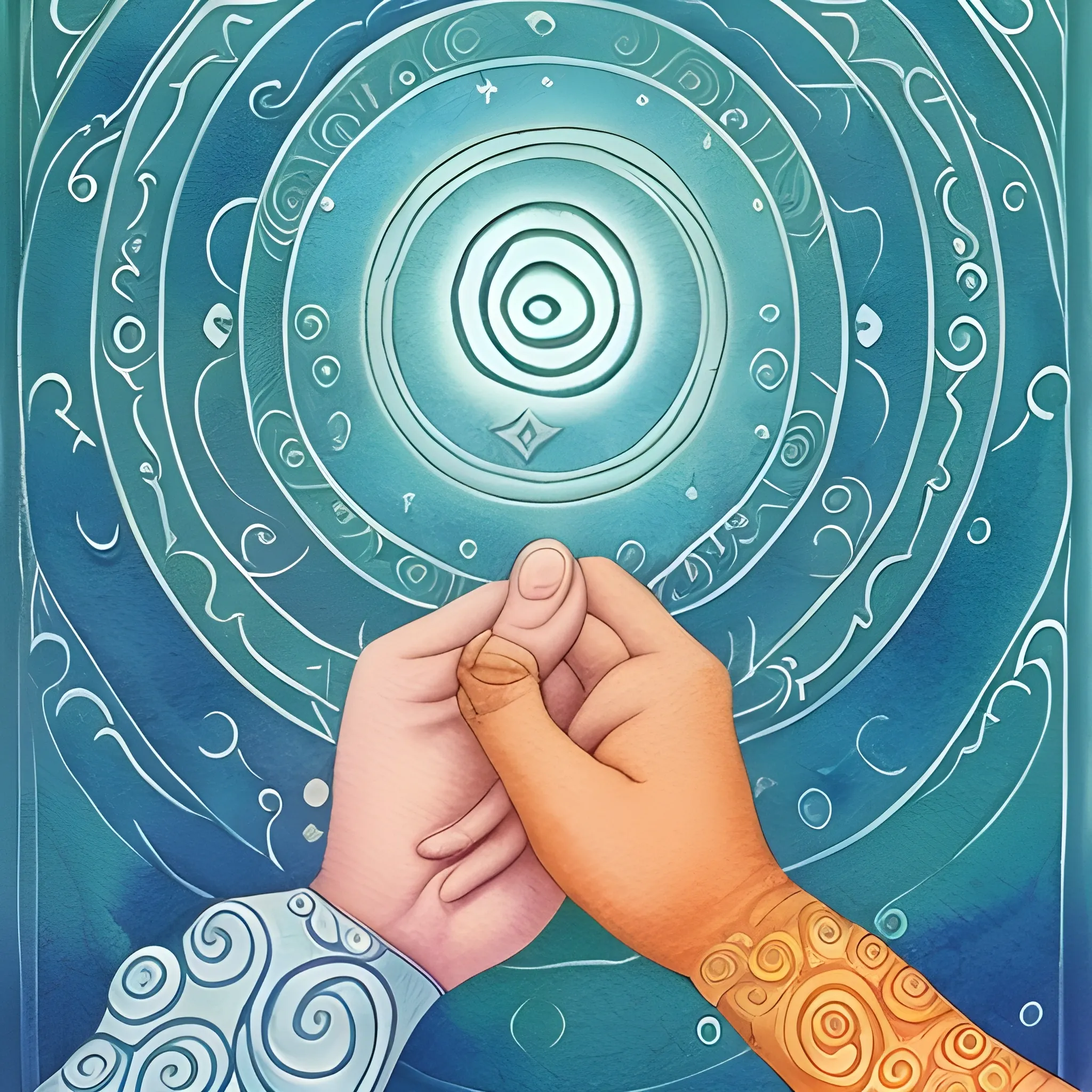 Design a card for "Sawsui Ji" in bagua divination. For this card, we would like to depict the receiver's hand touching the calm surface of the water. Please design the outline of the hand so that it gently emerges and gives the impression of minute ripples on the surface of the water. The palm of the hand should discreetly incorporate divination symbols to help the recipient feel a sense of inner peace and insight. Color tones should be natural blues and greens, with a warm glow. Finish the overall ambiance with a mix of peacefulness and anticipation.", Trippy, Cartoon, Water Color, Oil Painting