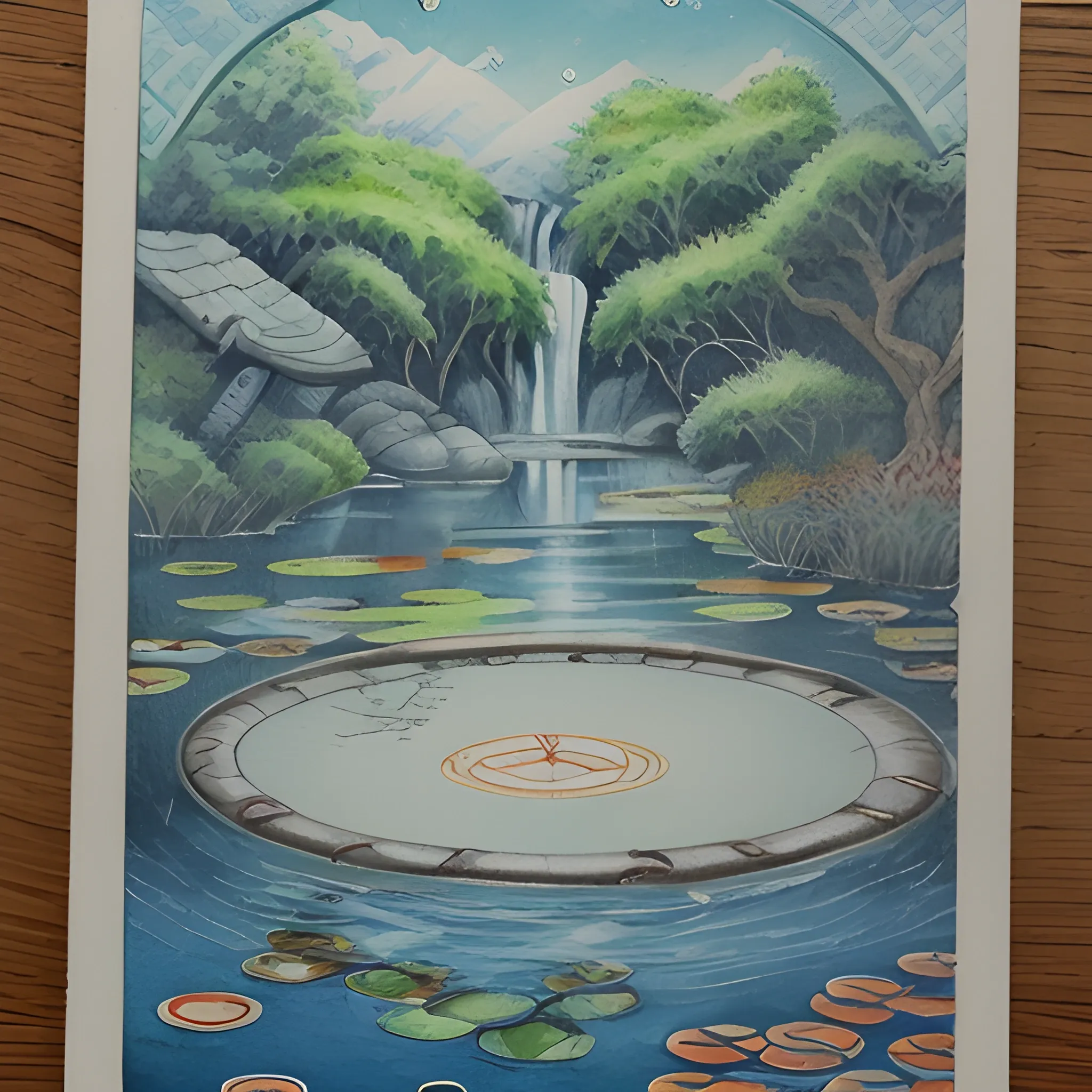 Design a card that depicts the time of the "Sawa-sui-tai" in the bagua divination. This oracle, which shows a pond with a hole in it and water flowing out, on the verge of drying up, symbolizes distress and hardship. The design should depict a moment of material and emotional distress, while making it look as if water is leaking from the bottom of the pond. The colors should be blue and green, which are cold and hopeful at the same time, to show that things have calmed down to a certain extent.

The card should carry the message that adults are good luck and that there is no problem while trying desperately hard. On the other hand, create an atmosphere of quiet and silence to reflect a situation where people do not believe you when you appeal. Refrain from making useless excuses or using them, and express your acceptance of your fate while silently confronting the difficulties.", Water Color, Oil Painting