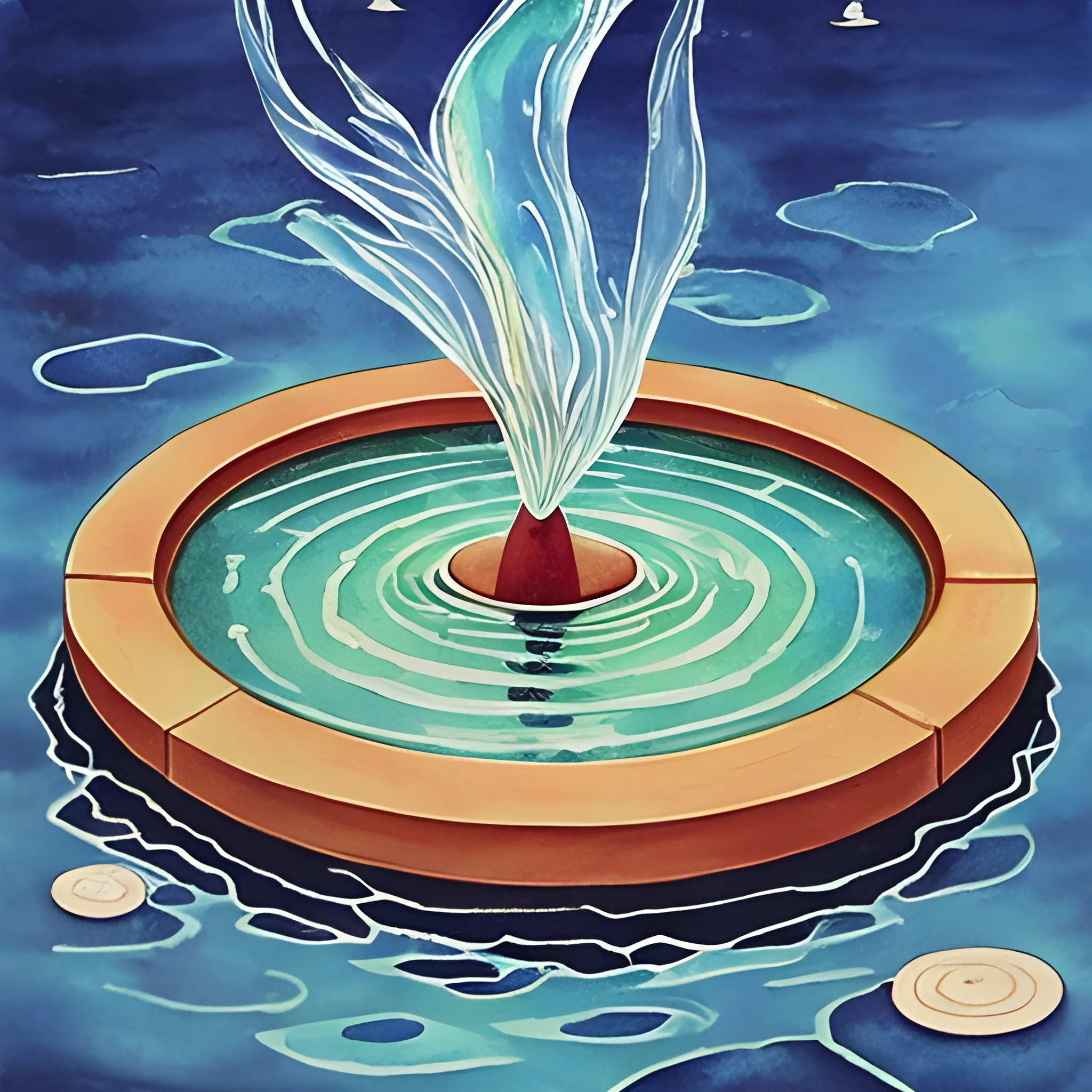 Design a card that depicts the time of the "Sawa-sui-tai" in the bagua divination. This oracle, which shows a pond with a hole in it and water flowing out, on the verge of drying up, symbolizes distress and hardship. The design should depict a moment of material and emotional distress, while making it look as if water is leaking from the bottom of the pond. The colors should be blue and green, which are cold and hopeful at the same time, to show that things have calmed down to a certain extent.

The card should carry the message that adults are good luck and that there is no problem while trying desperately hard. On the other hand, create an atmosphere of quiet and silence to reflect a situation where people do not believe you when you appeal. Refrain from making useless excuses or using them, and express your acceptance of your fate while silently confronting the difficulties.", Water Color, Oil Painting