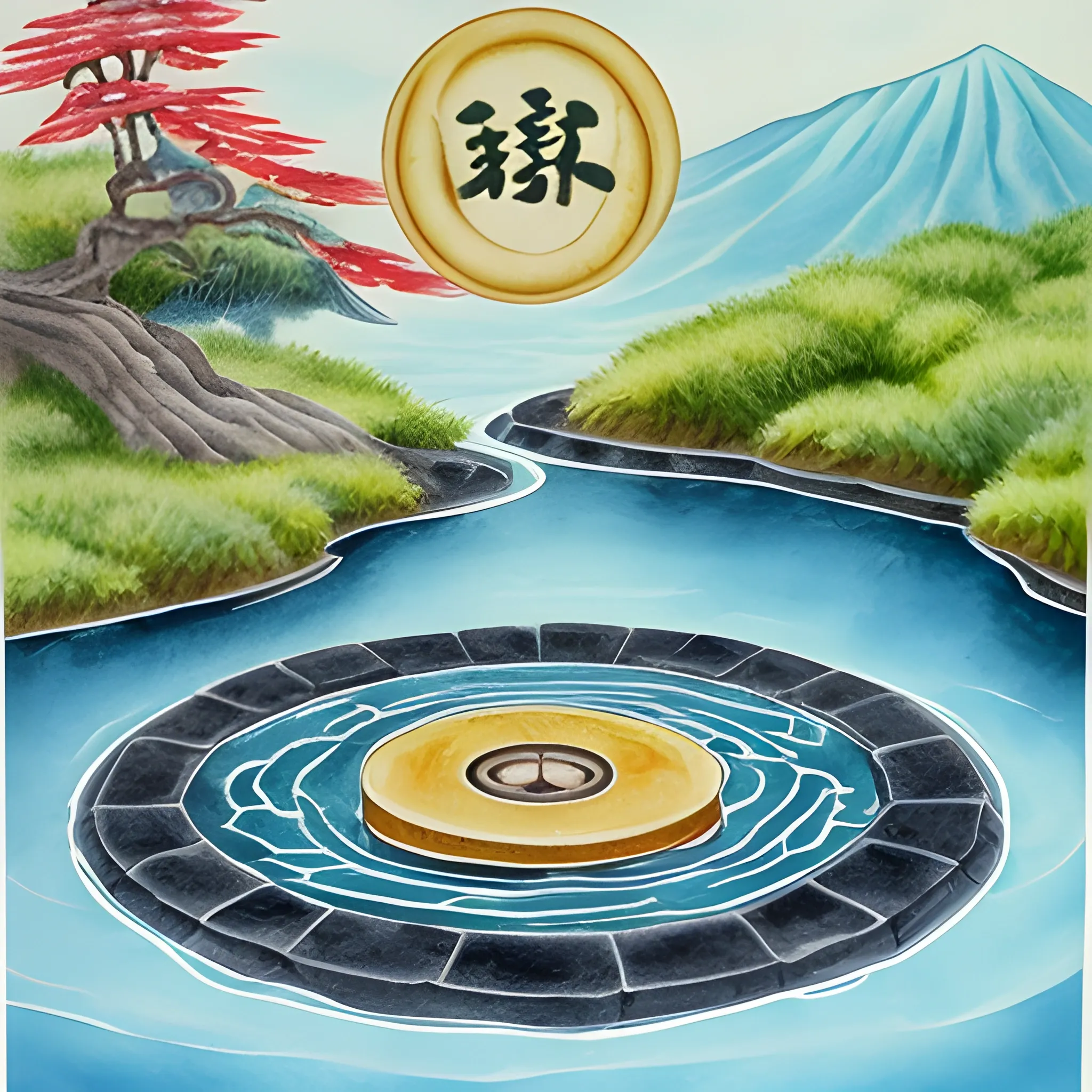 Design a card that depicts the time of the "Sawa-sui-tai" in the bagua divination. This oracle, which shows a pond with a hole in it and water flowing out, on the verge of drying up, symbolizes distress and hardship. The design should depict a moment of material and emotional distress, while making it look as if water is leaking from the bottom of the pond. The colors should be blue and green, which are cold and hopeful at the same time, to show that things have calmed down to a certain extent.

The card should carry the message that adults are good luck and that there is no problem while trying desperately hard. On the other hand, create an atmosphere of quiet and silence to reflect a situation where people do not believe you when you appeal. Refrain from making useless excuses or using them, and express your acceptance of your fate while silently confronting the difficulties.", Water Color, Oil Painting