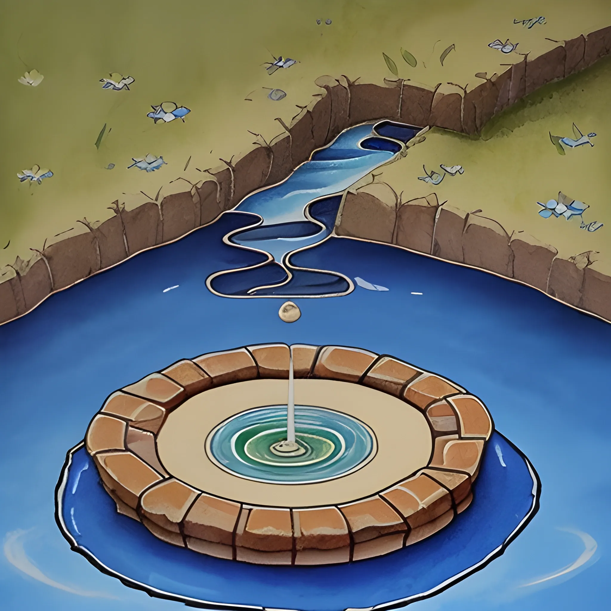 Design a card that depicts the time of the "Sawa-sui-tai" in the bagua divination. This oracle, which shows a pond with a hole in it and water flowing out, on the verge of drying up, symbolizes distress and hardship. The design should depict a moment of material and emotional distress, while making it look as if water is leaking from the bottom of the pond. The colors should be blue and green, which are cold and hopeful at the same time, to show that things have calmed down to a certain extent.

The card should carry the message that adults are good luck and that there is no problem while trying desperately hard. On the other hand, create an atmosphere of quiet and silence to reflect a situation where people do not believe you when you appeal. Refrain from making useless excuses or using them, and express your acceptance of your fate while silently confronting the difficulties.", Water Color, Oil Painting