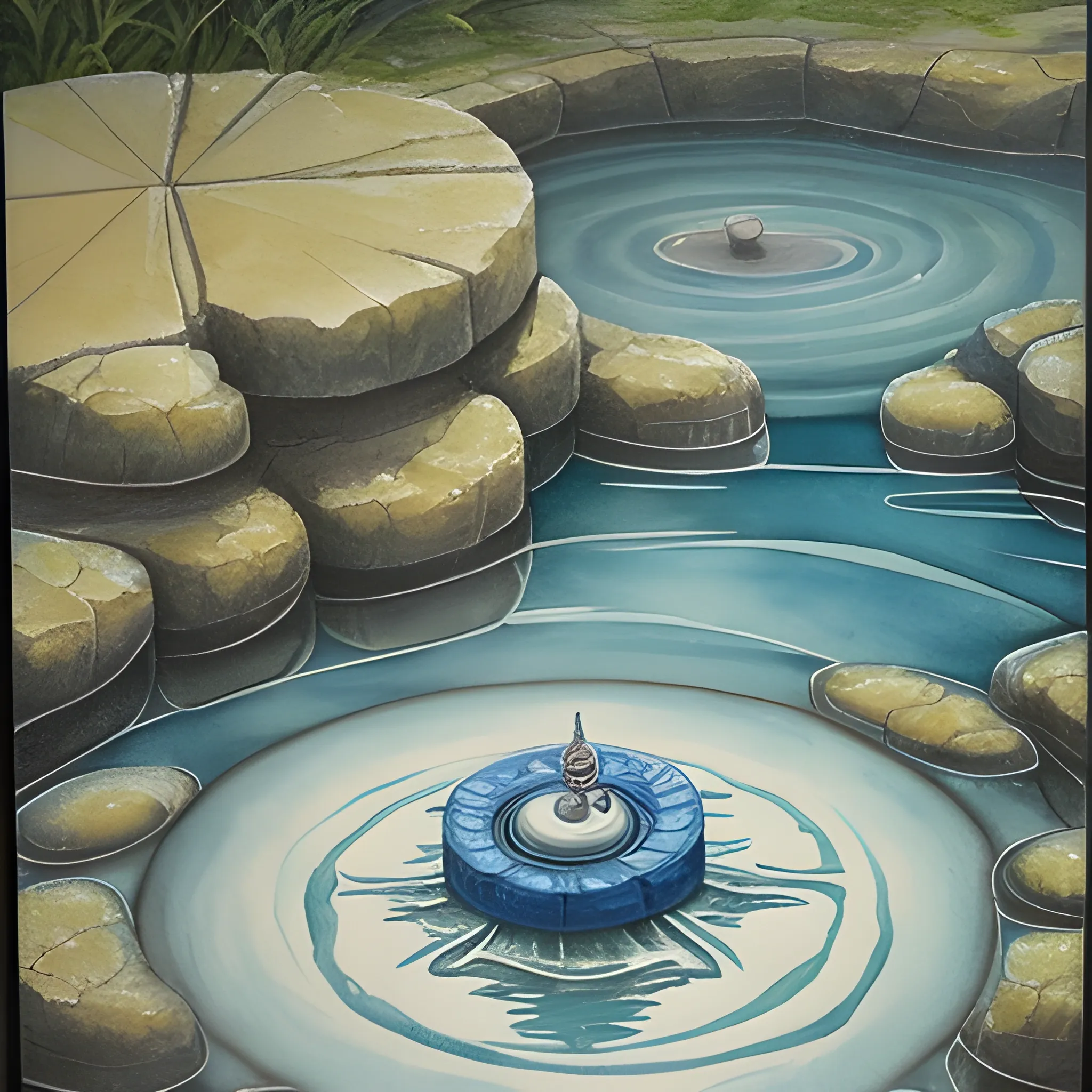 Design a card that depicts the time of the "Sawa-sui-tai" in the bagua divination. This oracle, which shows a pond with a hole in it and water flowing out, on the verge of drying up, symbolizes distress and hardship. The design should depict a moment of material and emotional distress, while making it look as if water is leaking from the bottom of the pond. The colors should be blue and green, which are cold and hopeful at the same time, to show that things have calmed down to a certain extent.

The card should carry the message that adults are good luck and that there is no problem while trying desperately hard. On the other hand, create an atmosphere of quiet and silence to reflect a situation where people do not believe you when you appeal. Refrain from making useless excuses or using them, and express your acceptance of your fate while silently confronting the difficulties.", Water Color, Oil Painting