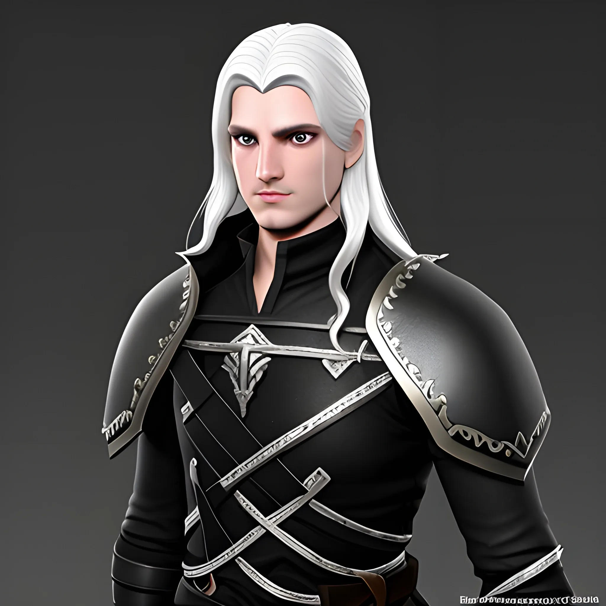male aasimar from dungeons , 3D, long balck hair, longsword 
