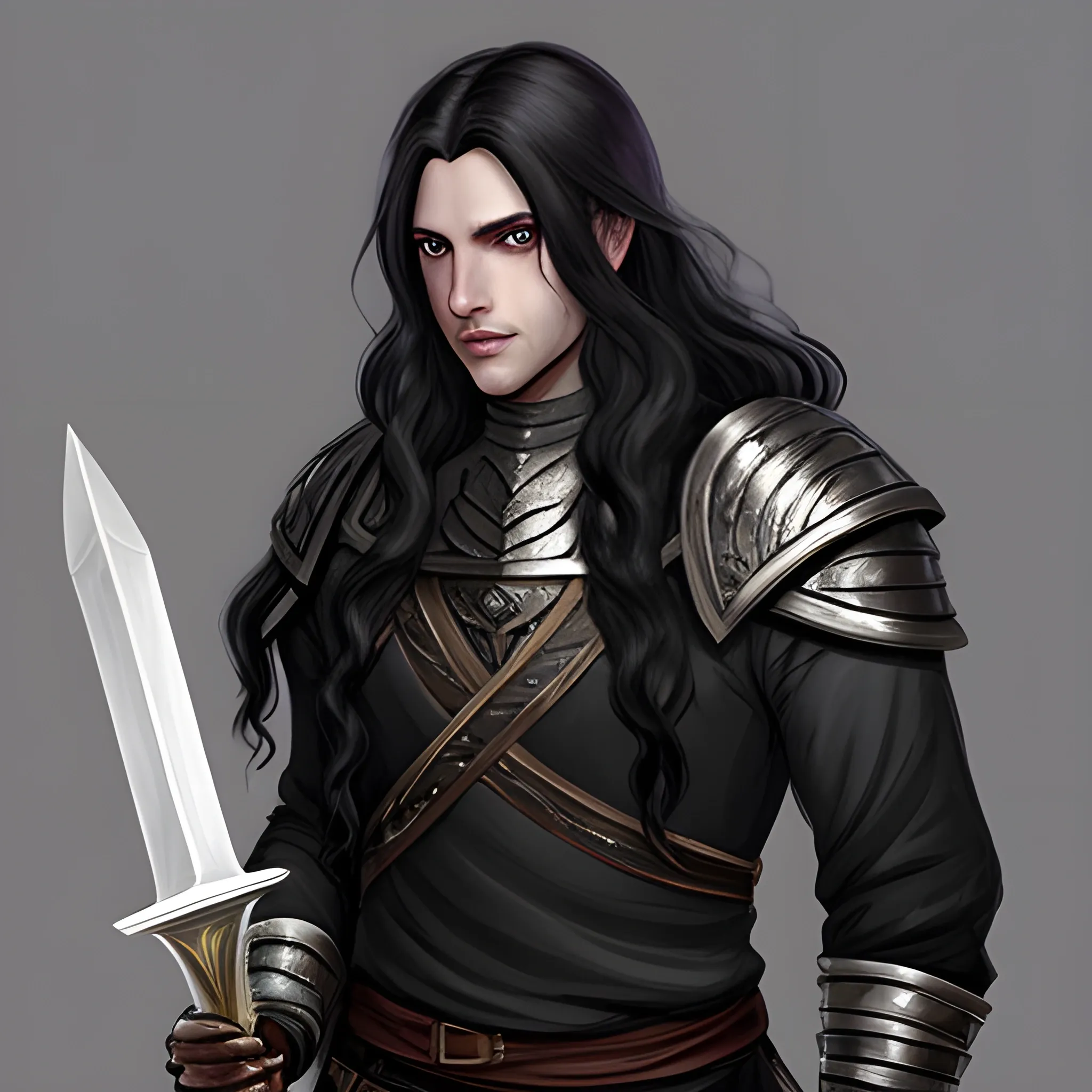 male aasimar from dungeons, long balck hair, longsword 