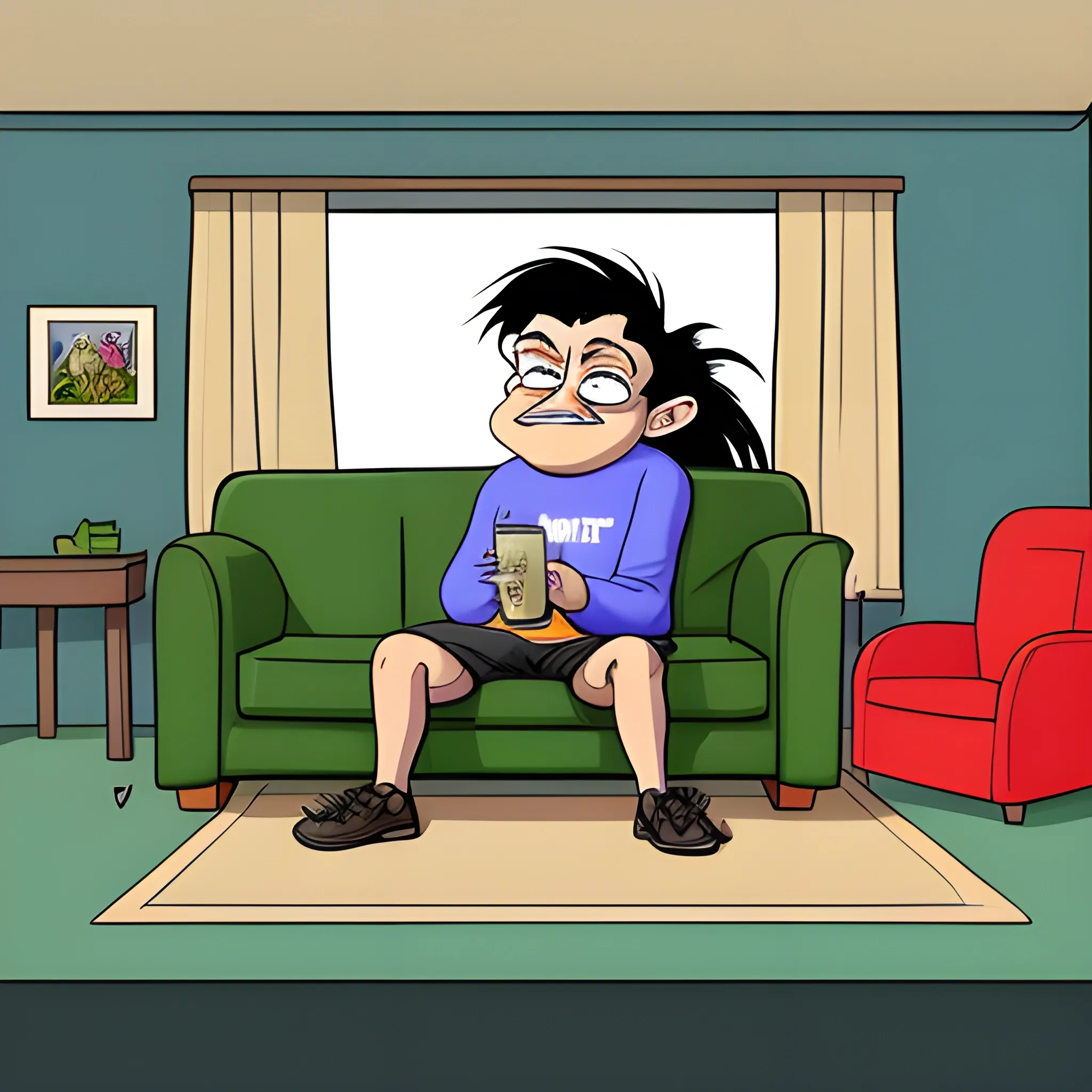 Generate a picture for me from the perspective of an internet troll sitting in his trashy and run-down living room. The picture is supposed to show what the troll sees. use cartoon style, Cartoon