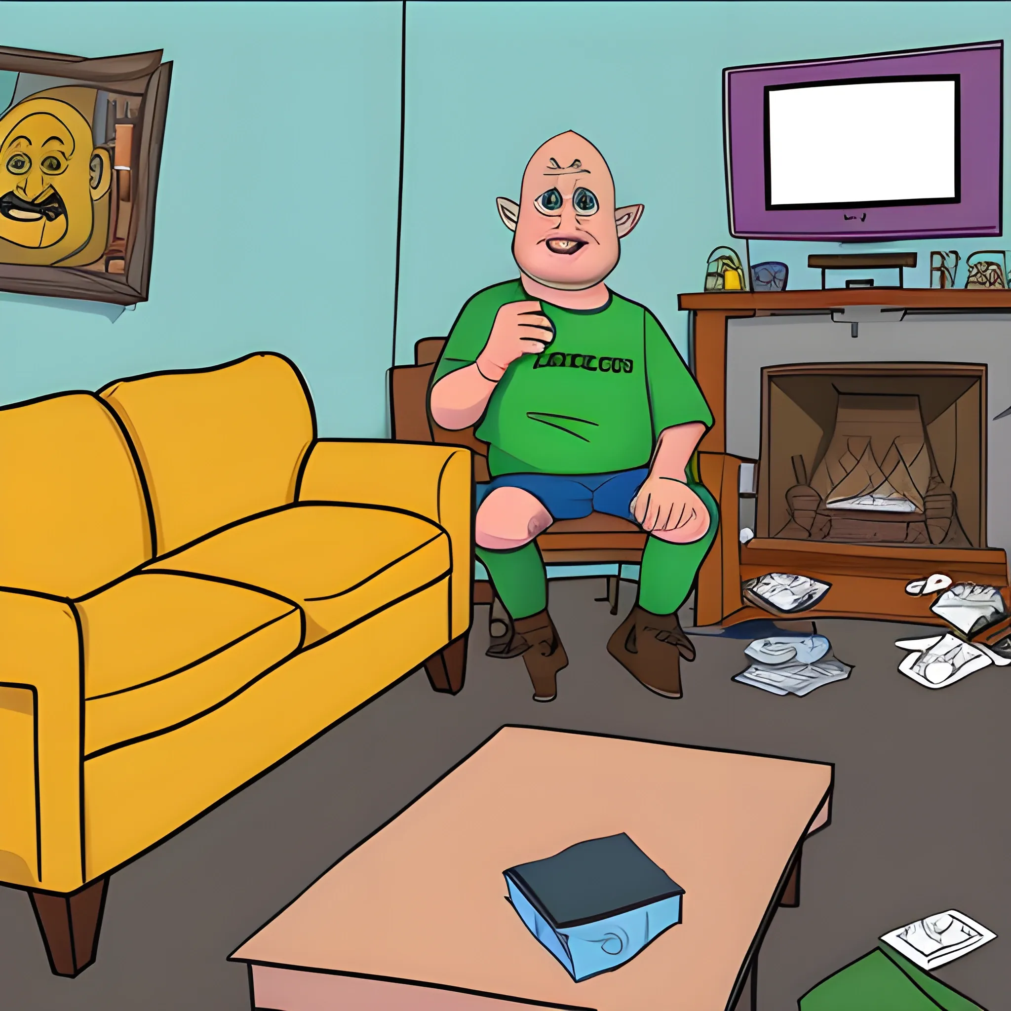 Generate a picture for me from the perspective of an internet troll sitting in his very trashy and run-down living room. The picture is supposed to show what the troll sees. use cartoon style, Cartoon