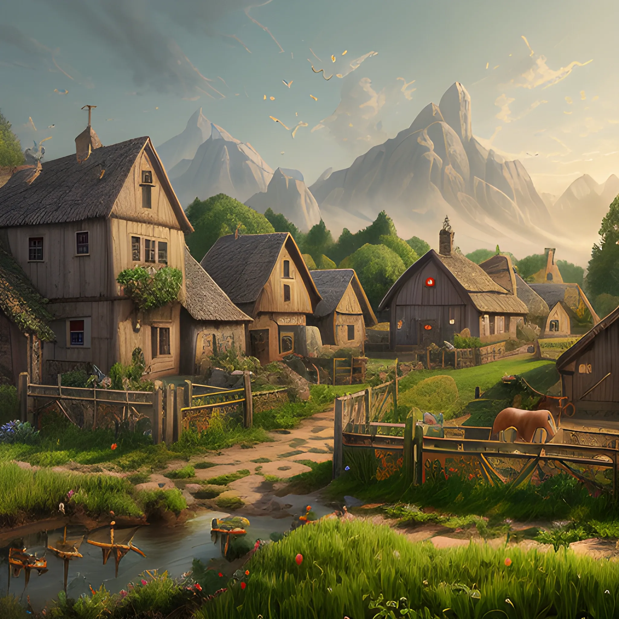 Agricultural village, village, field, medieval, 8k, high resolution, high quality, photorealistic, hyperrealistic, detailed, detailed matte painting, deep color, fantastical, intricate detail, splash screen, complementary colors, fantasy concept art, 8k resolution trending on Artstation Unreal Engine