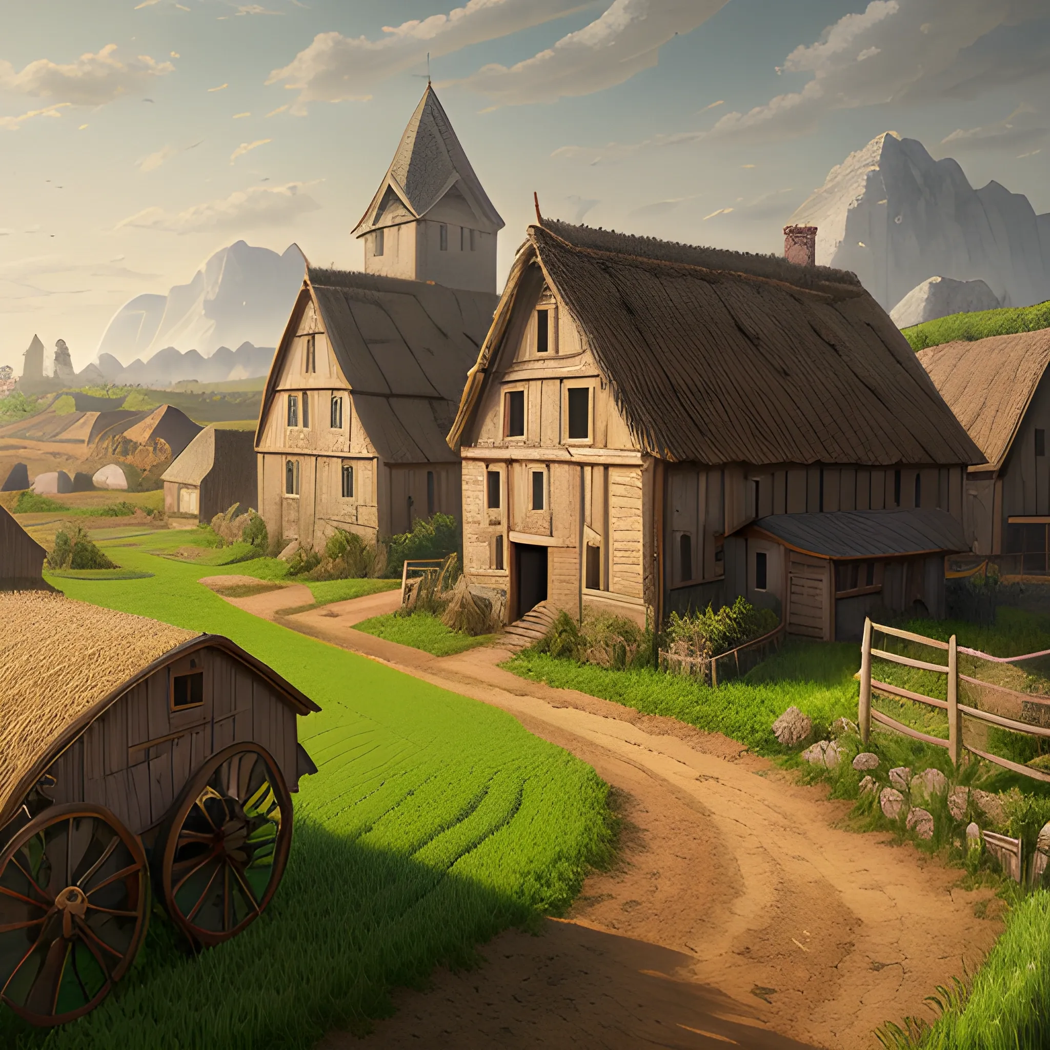 grain, field, Agricultural village, village, field, medieval, 8k, high resolution, high quality, photorealistic, hyperrealistic, detailed, detailed matte painting, deep color, fantastical, intricate detail, splash screen, complementary colors, fantasy concept art, 8k resolution trending on Artstation Unreal Engine