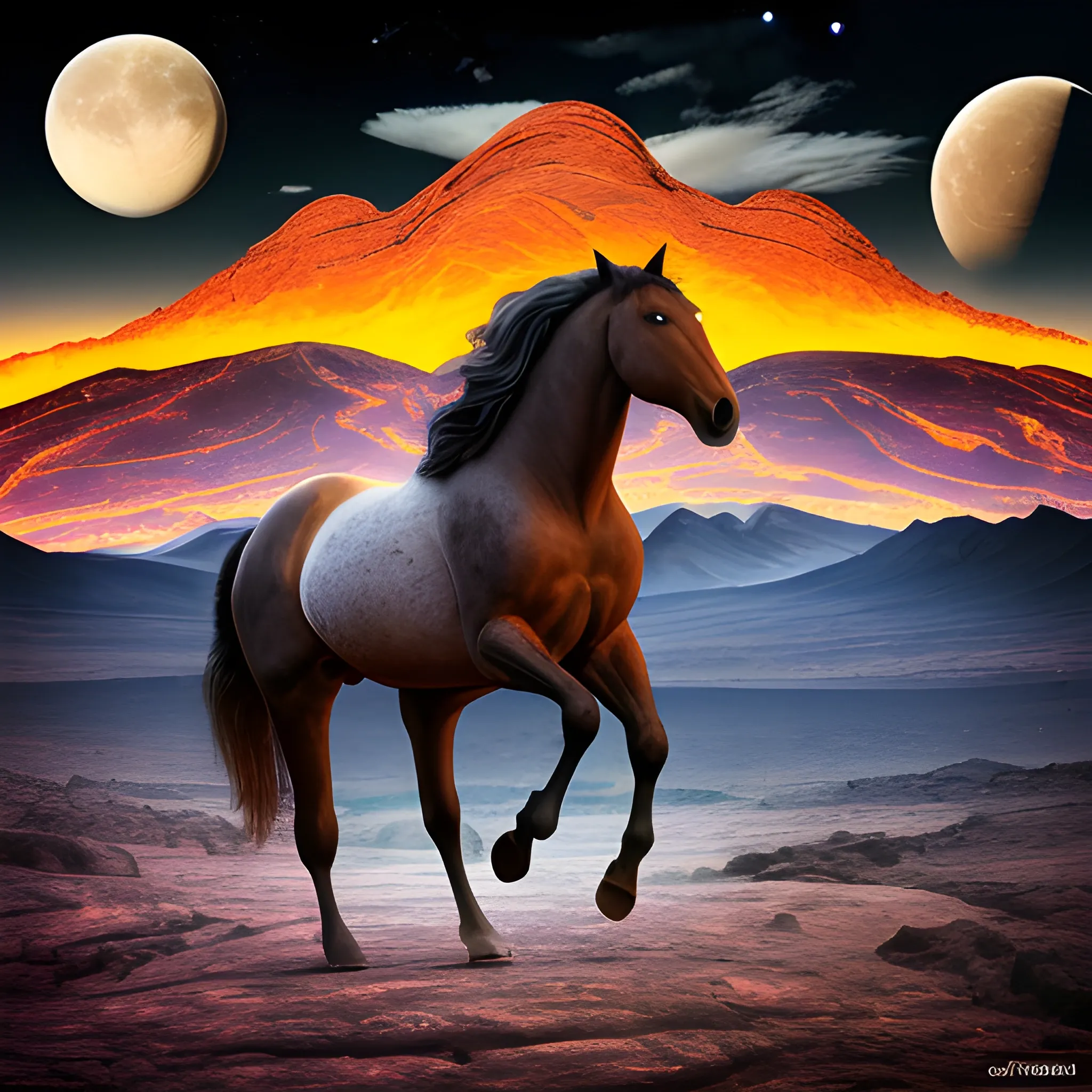 Keep the original image of the horse, optimizing its quality, but change the background. That there are mountains in a surreal landscape where there are views of planets and a large moon peeking out from behind the mountains. The floor where the horse run has to be surrounded by lava., Trippy, Trippy