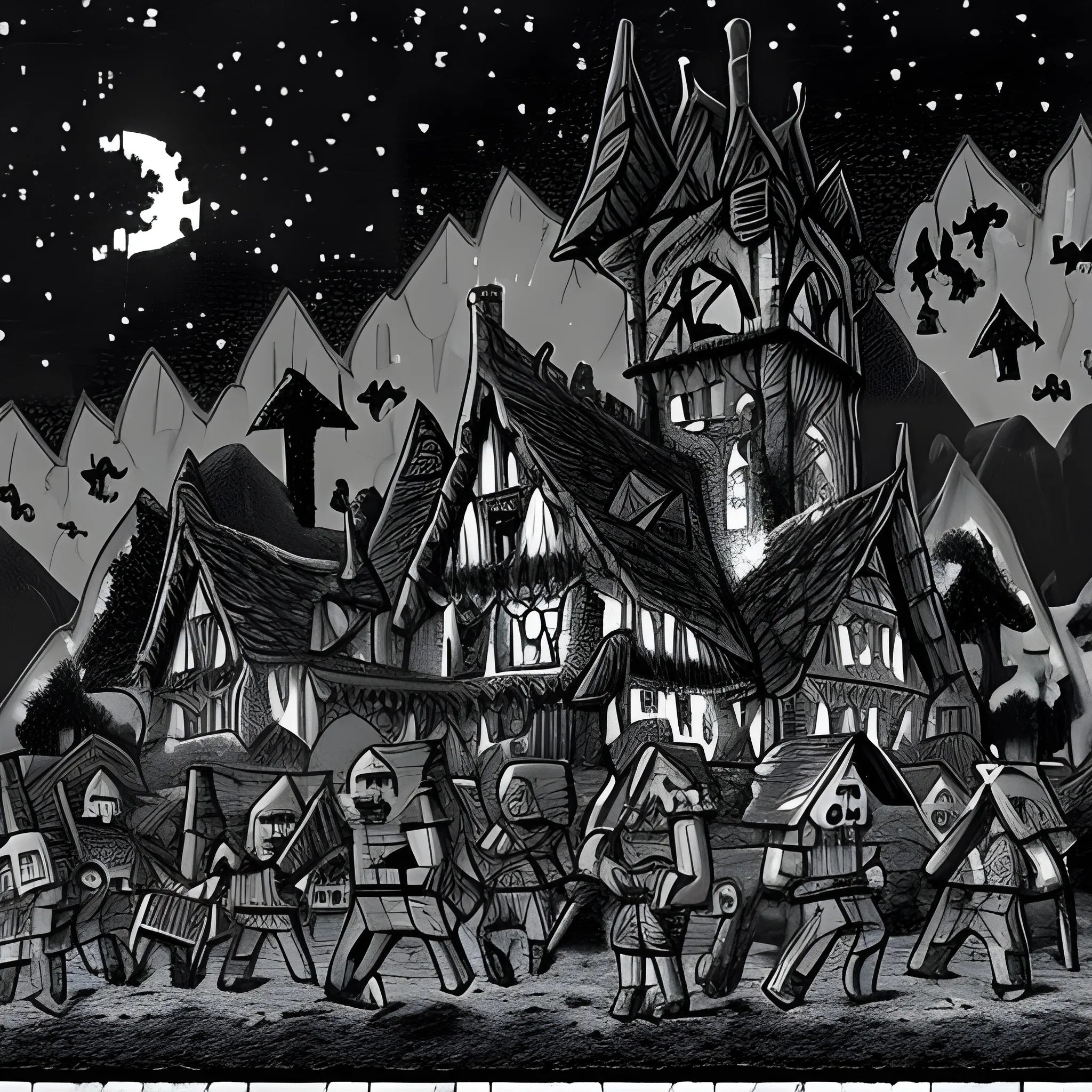 minecraft, aldenan village being attacked by undead, dark sky, drawing from the 70s