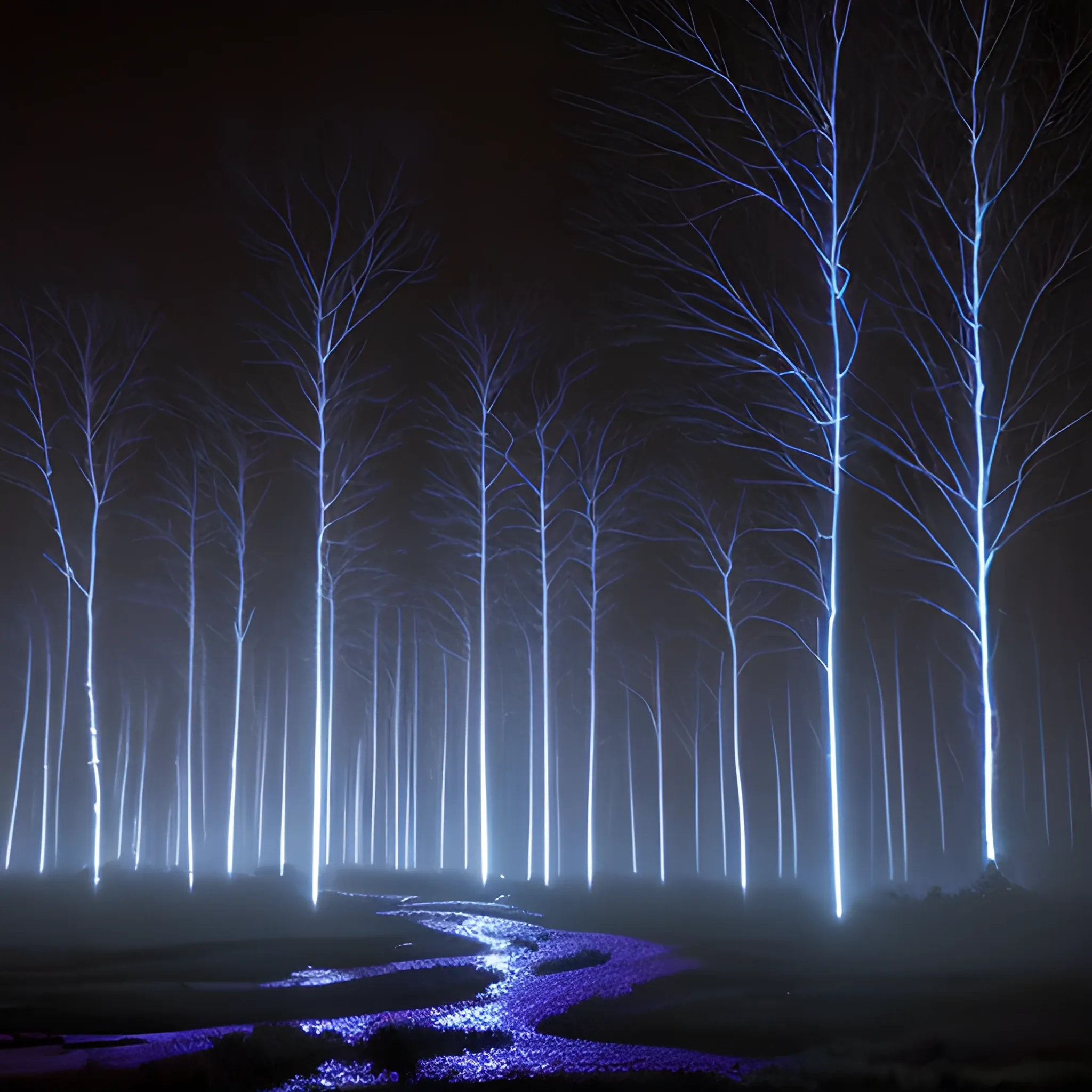 Paisaje nocturno. Bosque tenebrosos iluminado por tormenta electrica. Noche lluviosa. Paisaje de misterio
