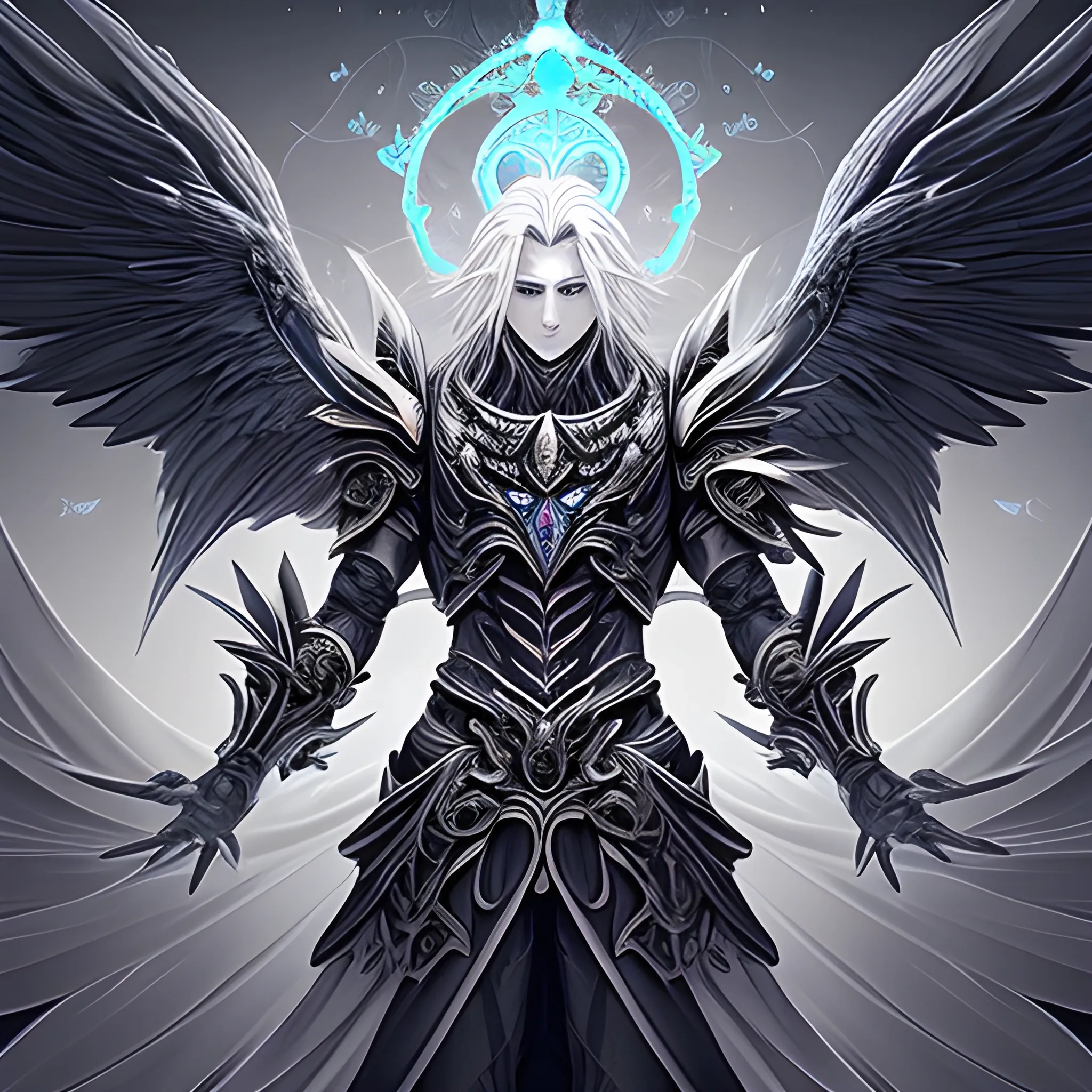 Seraphiel possesses an otherworldly beauty with midnight-black wings that once gleamed with divine radiance but are now tainted by shadow. His silver hair falls like a cascade of moonlight, and his eyes, once radiant with celestial glory, are now pools of swirling abyssal energy. He wears ornate, tattered armor adorned with dark sigils, and a sense of both tragedy and allure accompanies his every movement., Pencil Sketch, Pencil Sketch