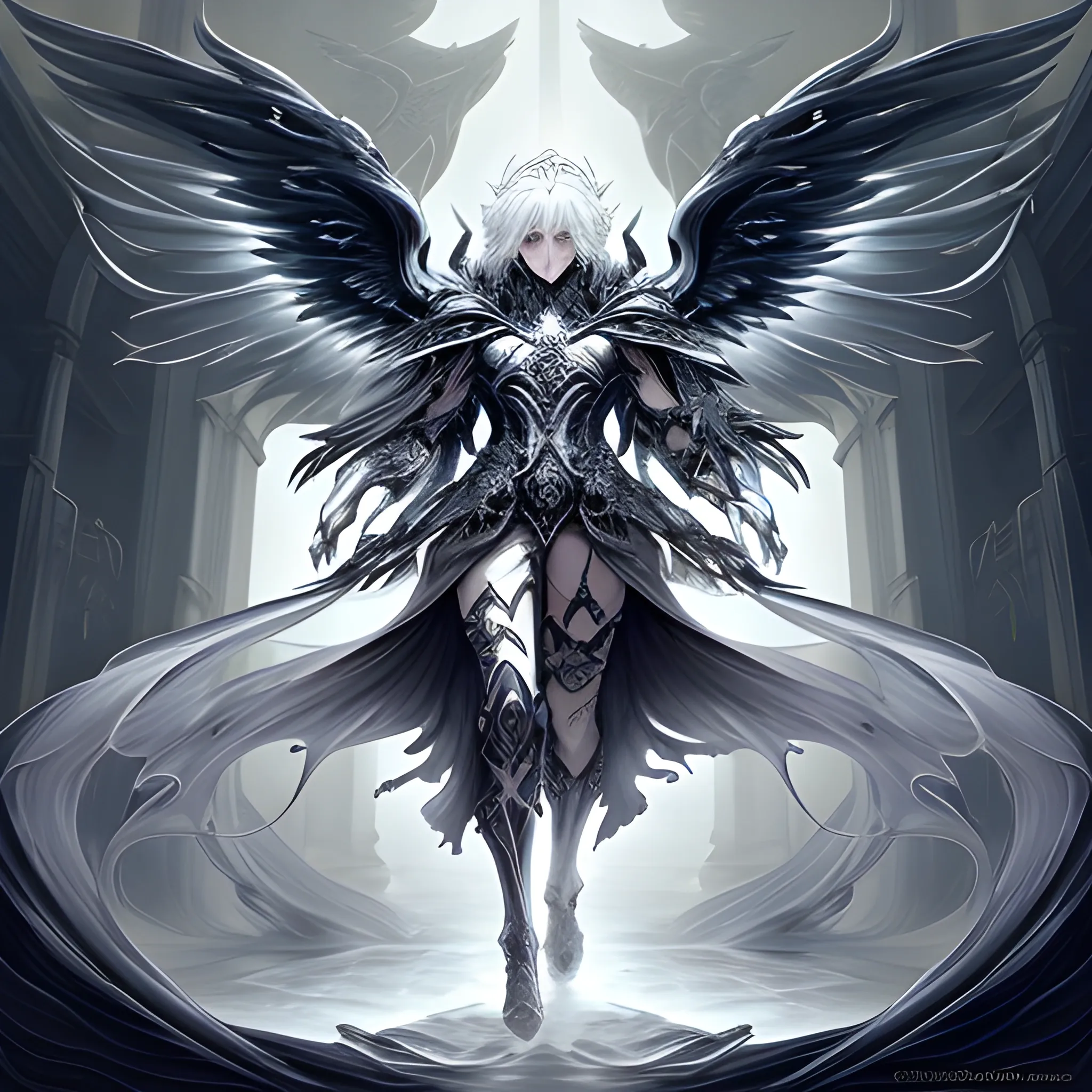 Seraphiel possesses an otherworldly beauty with midnight-black shadows for wings that once gleamed with divine radiance but are now tainted by shadow. His silver hair falls like a cascade of moonlight, and his eyes, once radiant with celestial glory, are now pools of swirling abyssal energy. He wears ornate, tattered armor adorned with dark sigils, and a sense of both tragedy and allure accompanies his every movement., realistic fantasy drawing