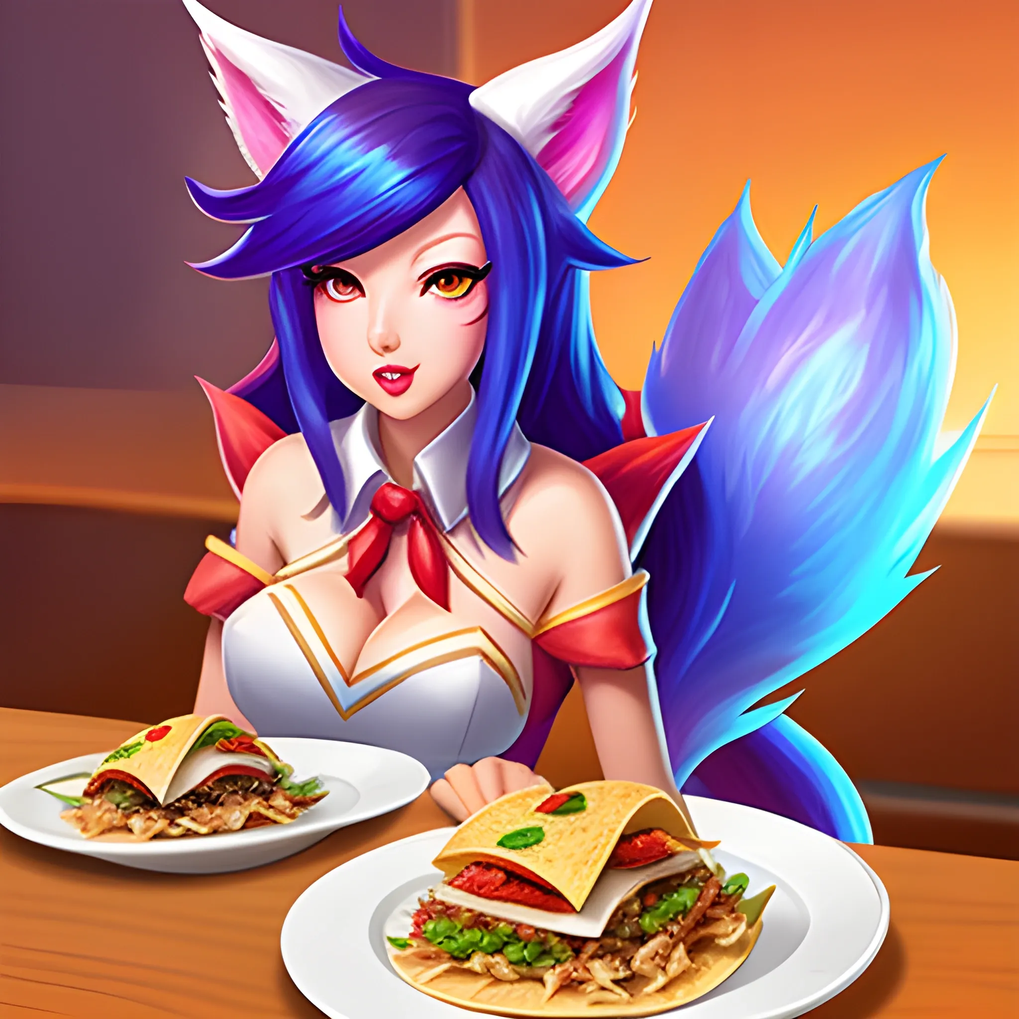 ahri from league of legends eating tacos
