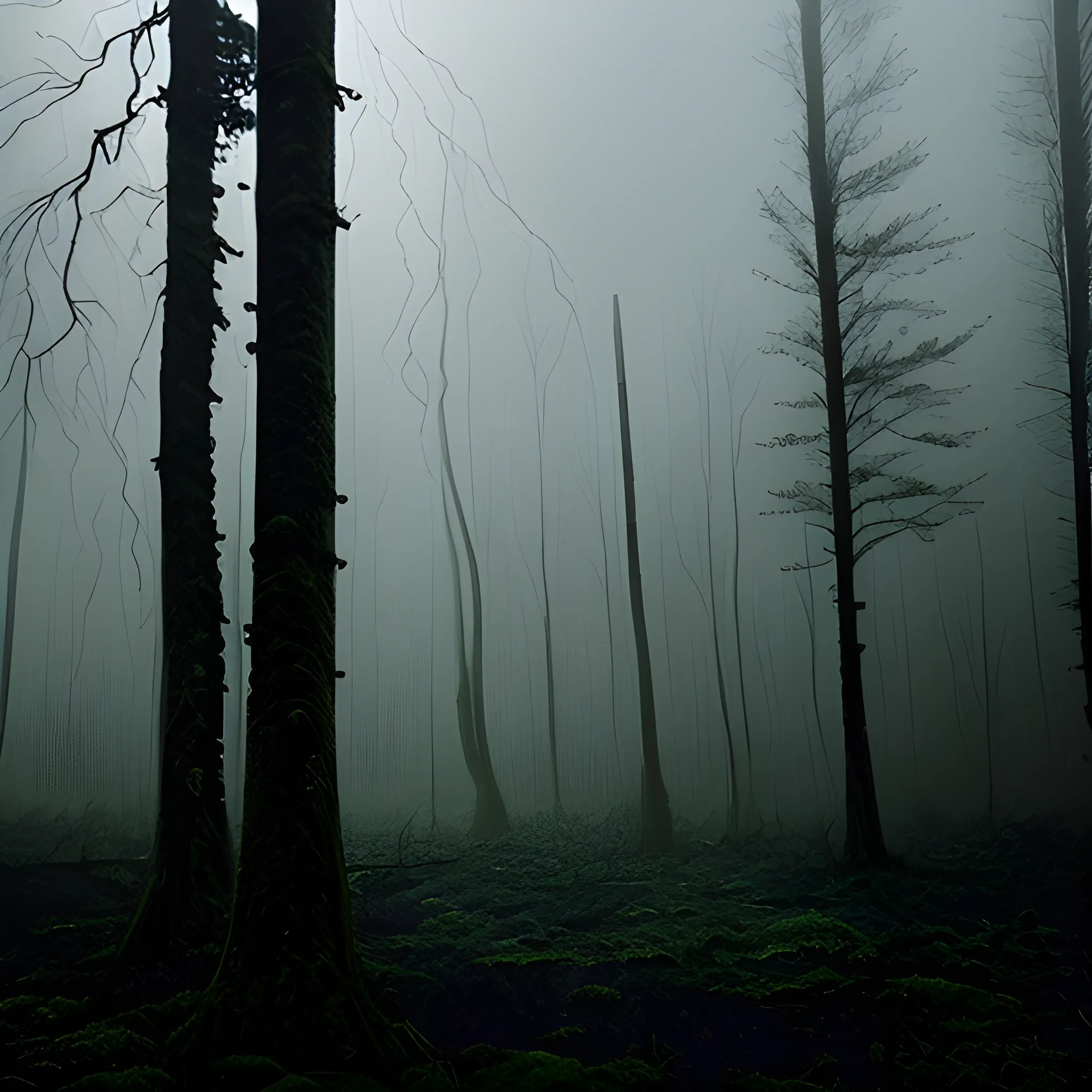 dark forest, with a gloomy appearance, illuminated by an electrical storm and with a lot of rain.
